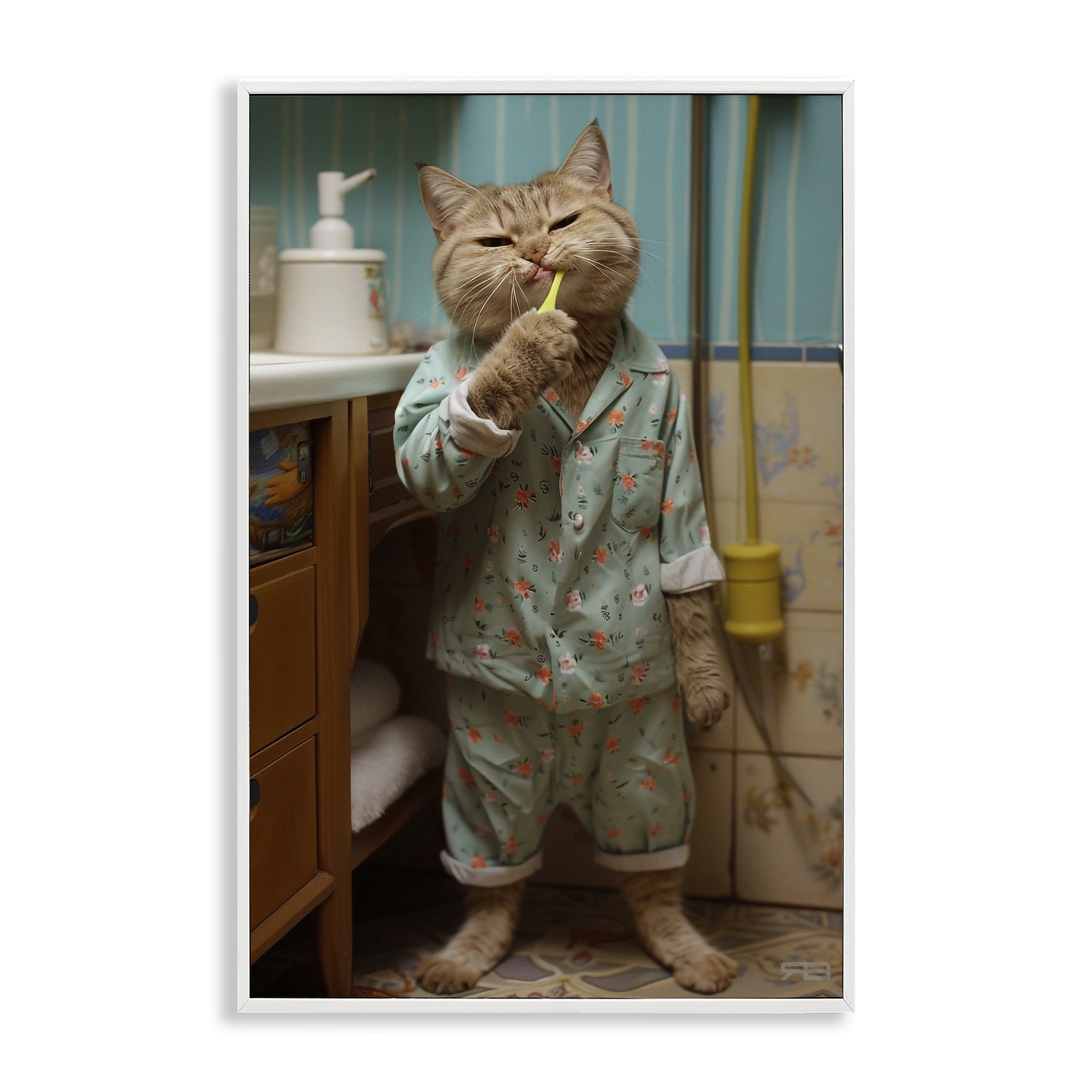 Stupell Industries Cat Brushing Teeth Typography Painting White Framed Art Print Wall Art, 16 x 24