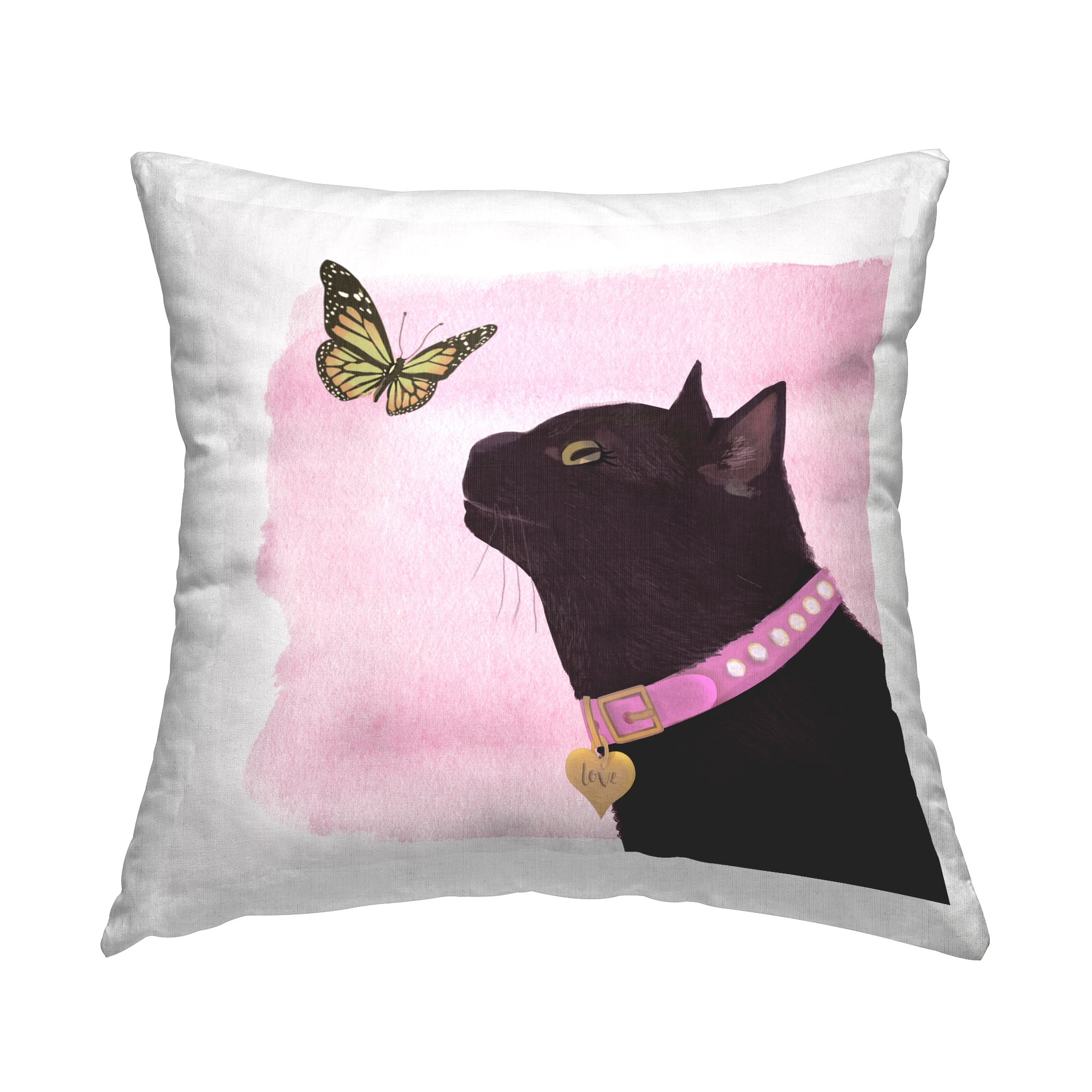 Stupell Industries Cat & Butterfly on Pink Square Decorative Printed Throw Pillow, 18 x 18