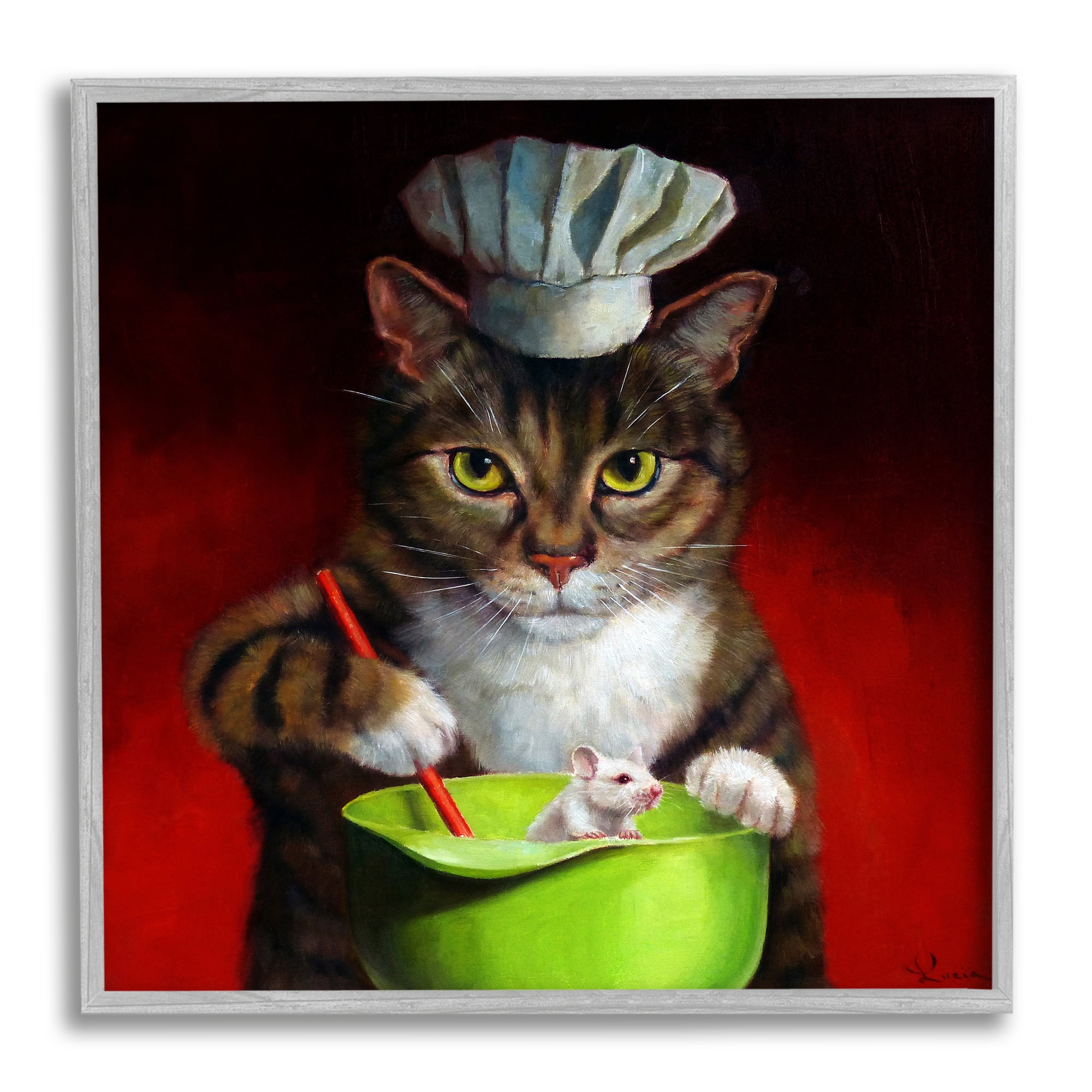 Stupell Industries Cat Chef & Mouse Animals & Insects Painting Gray Framed Art Print Wall Art, 17 x 17
