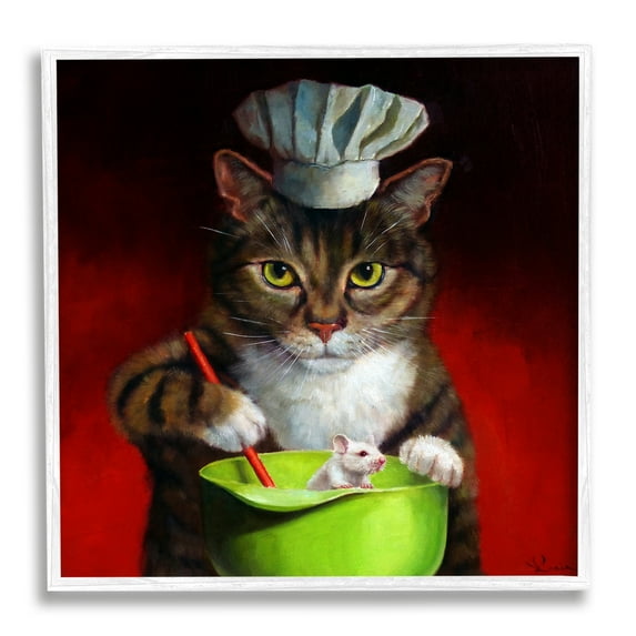 Stupell Industries Cat Chef & Mouse Animals & Insects Painting White Framed Art Print Wall Art, 12 x 12