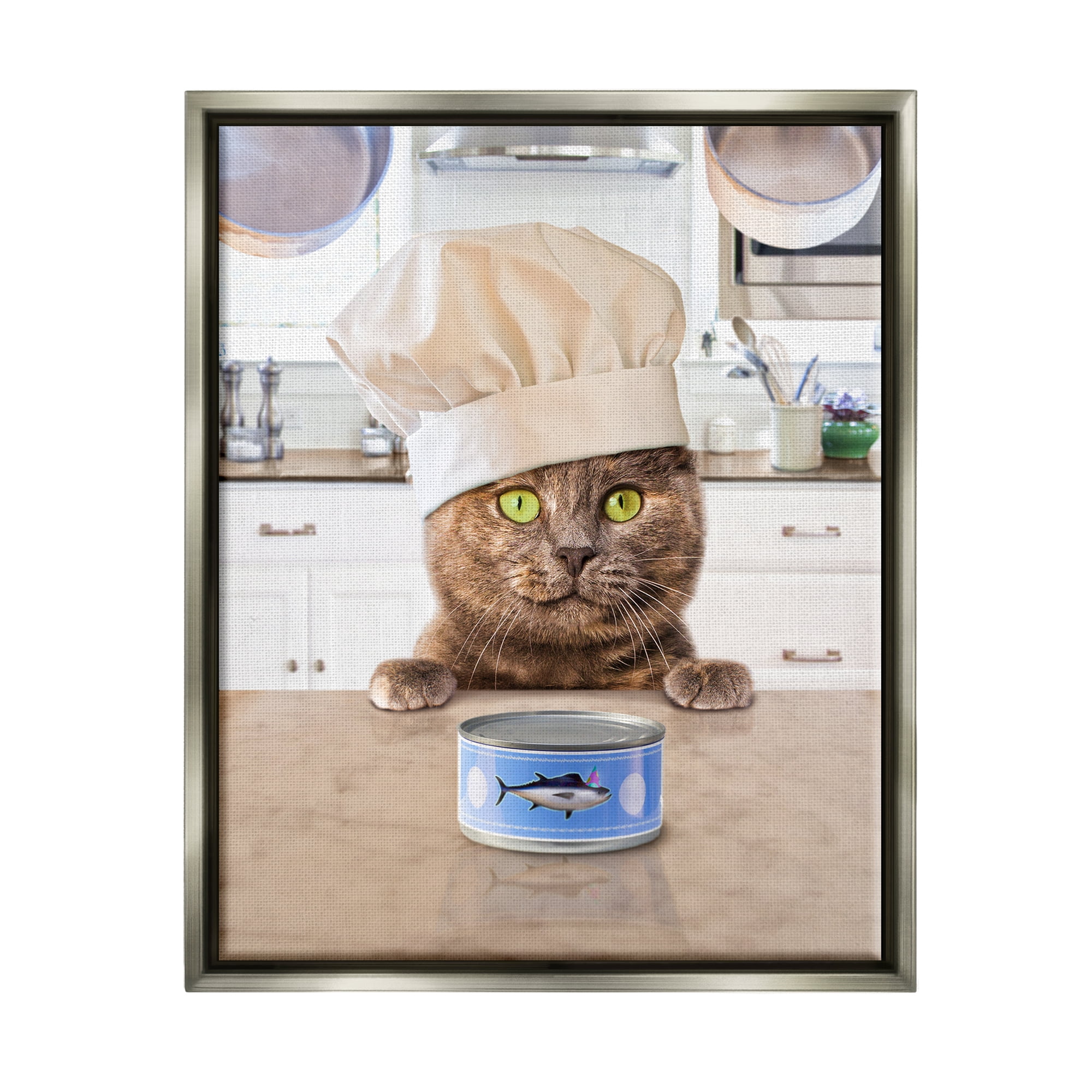 Stupell Industries Cat Chef & Tuna Can Animals & Insects Painting Gray Floater Framed Art Print Wall Art, 17 x 21