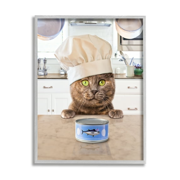 Stupell Industries Cat Chef & Tuna Can Animals & Insects Painting Gray Framed Art Print Wall Art, 11 x 14