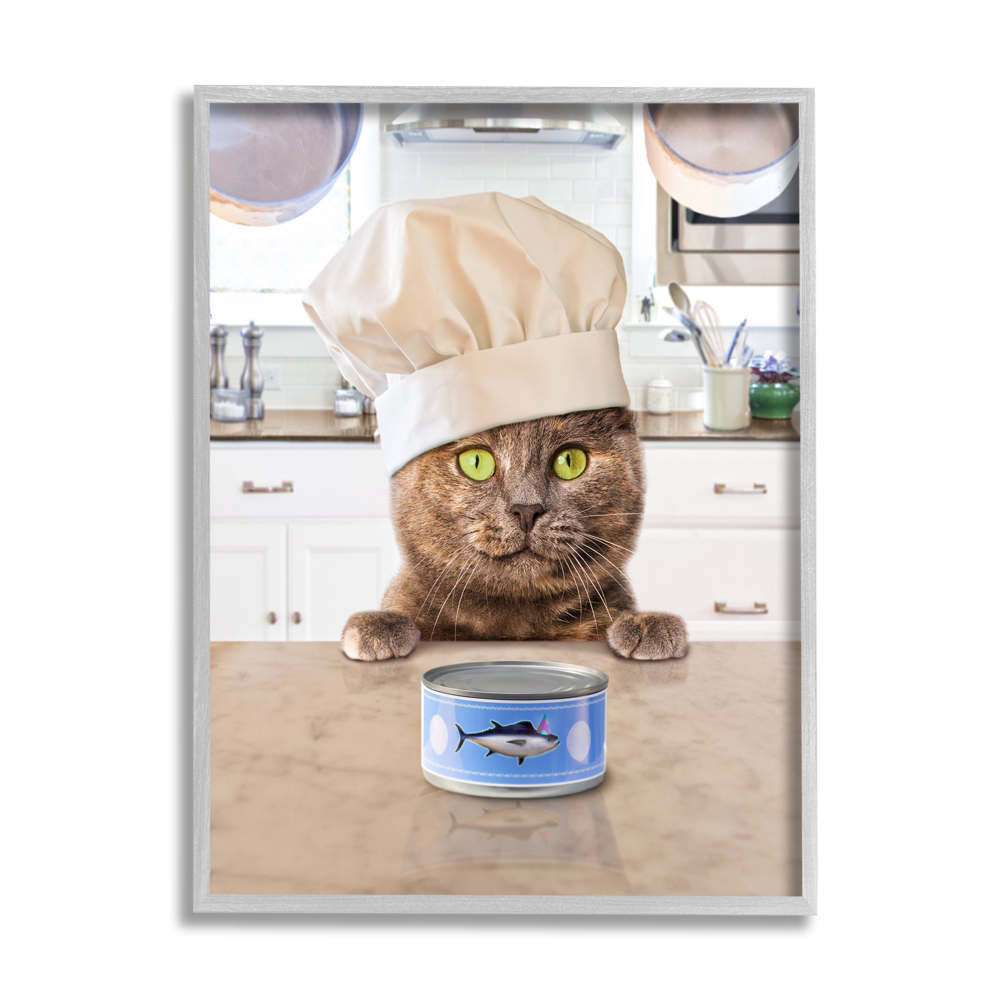 Stupell Industries Cat Chef & Tuna Can Animals & Insects Painting Gray Framed Art Print Wall Art, 24 x 30