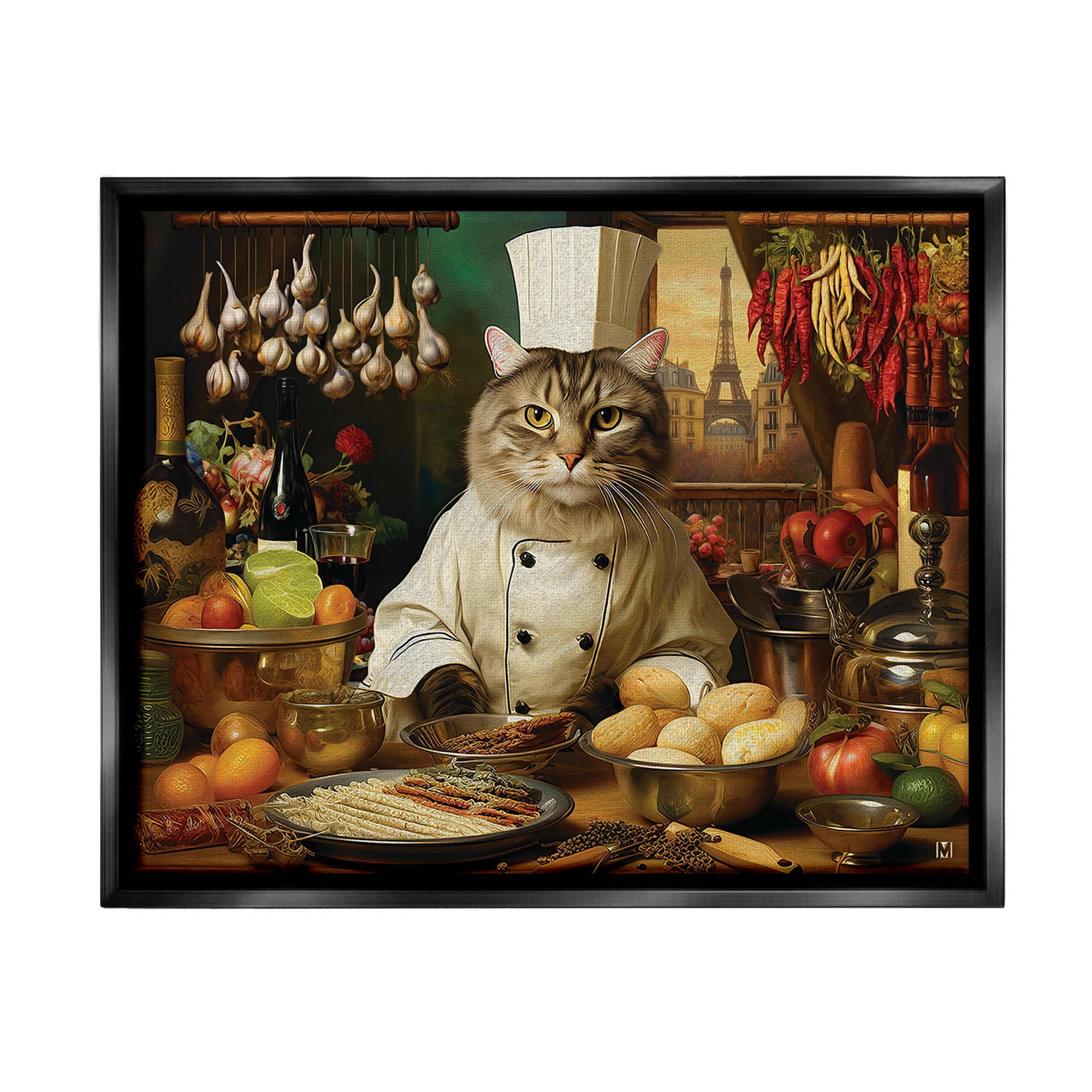 Stupell Industries Cat Chef in Kitchen Animals & Insects Painting Black Floater Framed Canvas Art Print Wall Art, 31 x 25