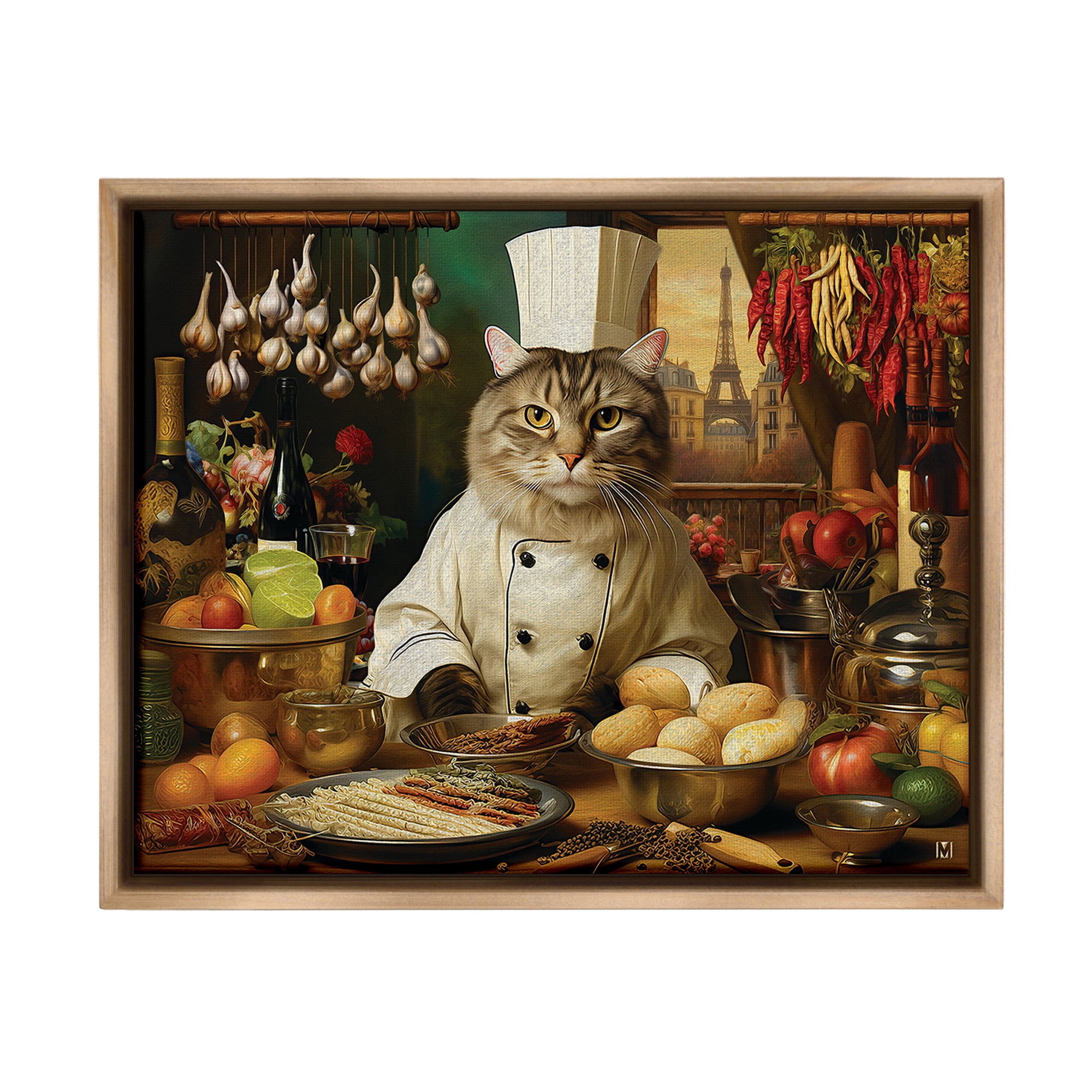 Stupell Industries Cat Chef in Kitchen Animals & Insects Painting Brown Floater Framed Canvas Art Print Wall Art, 21 x 17