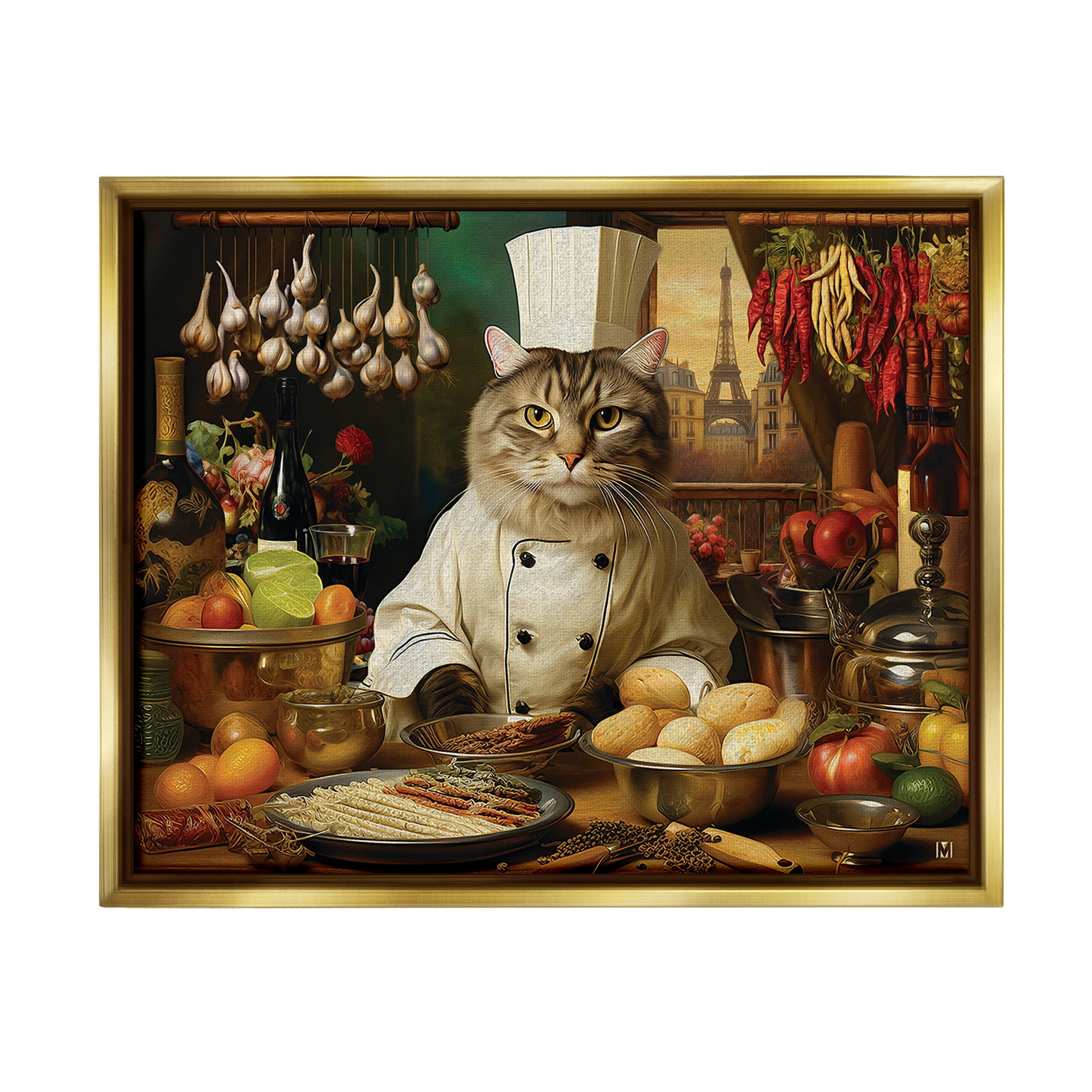 Stupell Industries Cat Chef in Kitchen Animals & Insects Painting Gold Floater Framed Canvas Art Print Wall Art, 31 x 25
