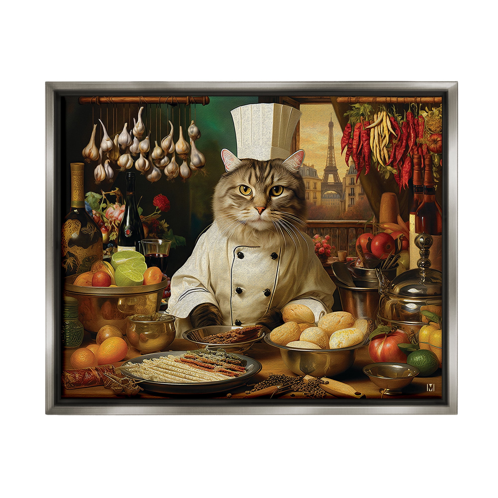 Stupell Industries Cat Chef in Kitchen Animals & Insects Painting Gray Floater Framed Canvas Art Print Wall Art, 31 x 25
