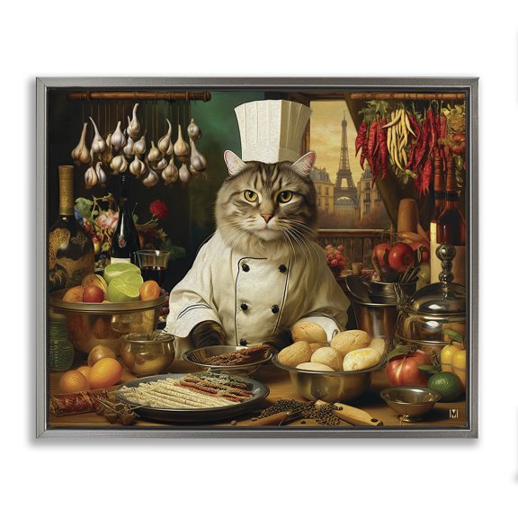 Stupell Industries Eclectic Cat Chef in Kitchen Gray Floating Frame Canvas Art, 31 x 25, by Michael David Ward