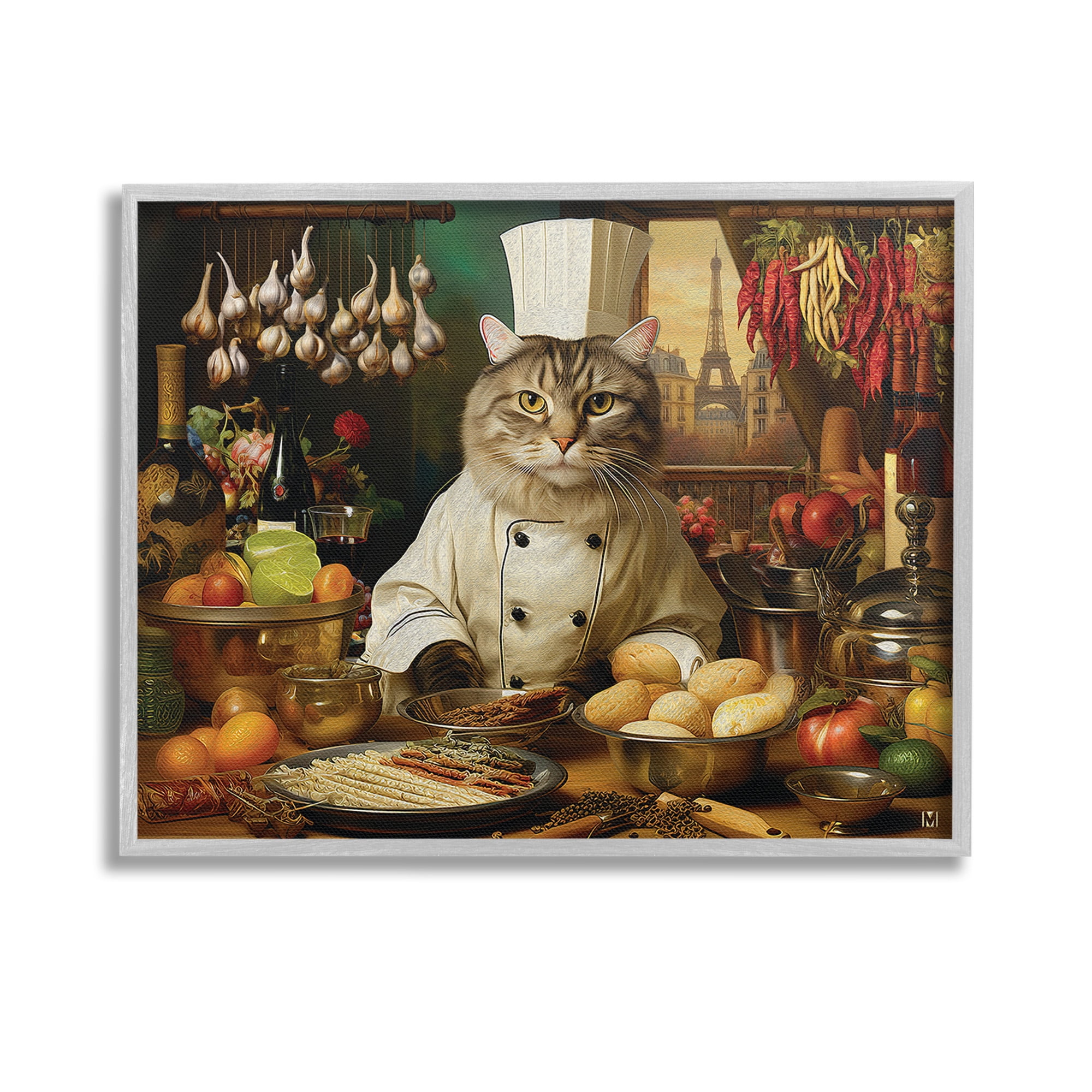 Gray Framed Cat Chef in Kitchen Canvas Art Print, 14 x 11