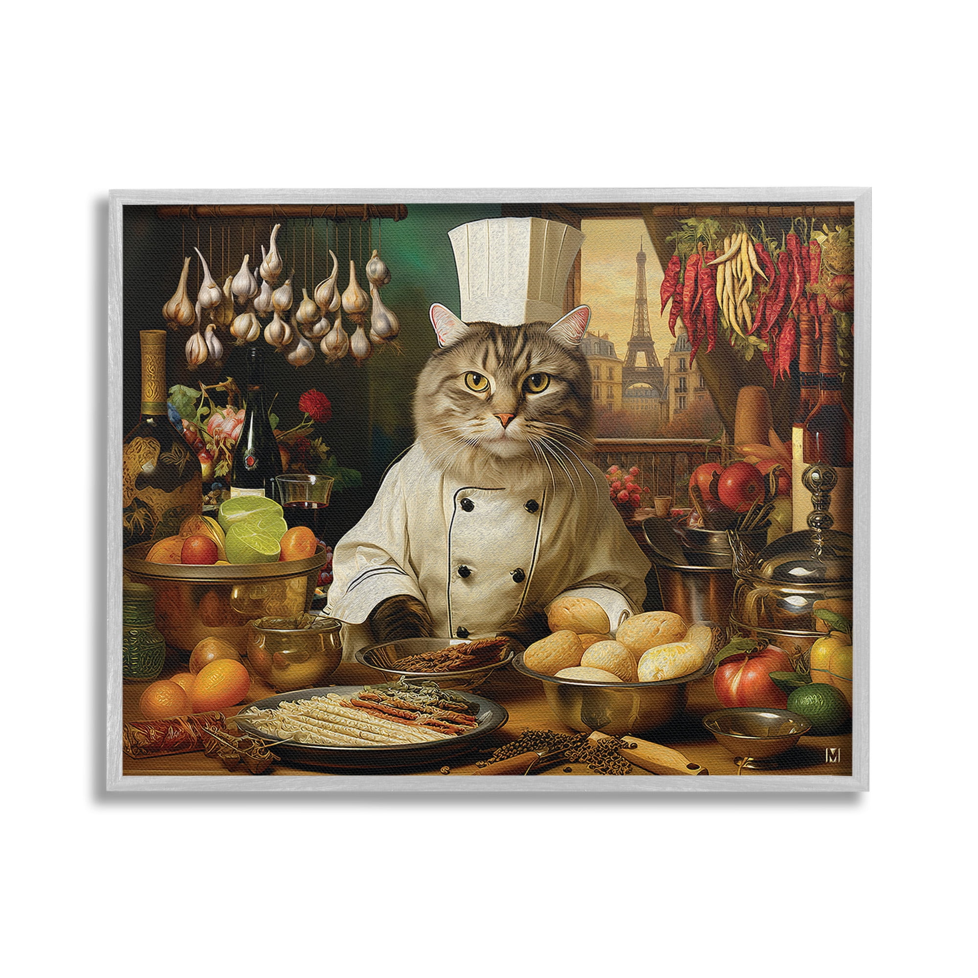 Stupell Industries Cat Chef in Kitchen Animals & Insects Painting Gray Framed Art Print Wall Art, 30 x 24