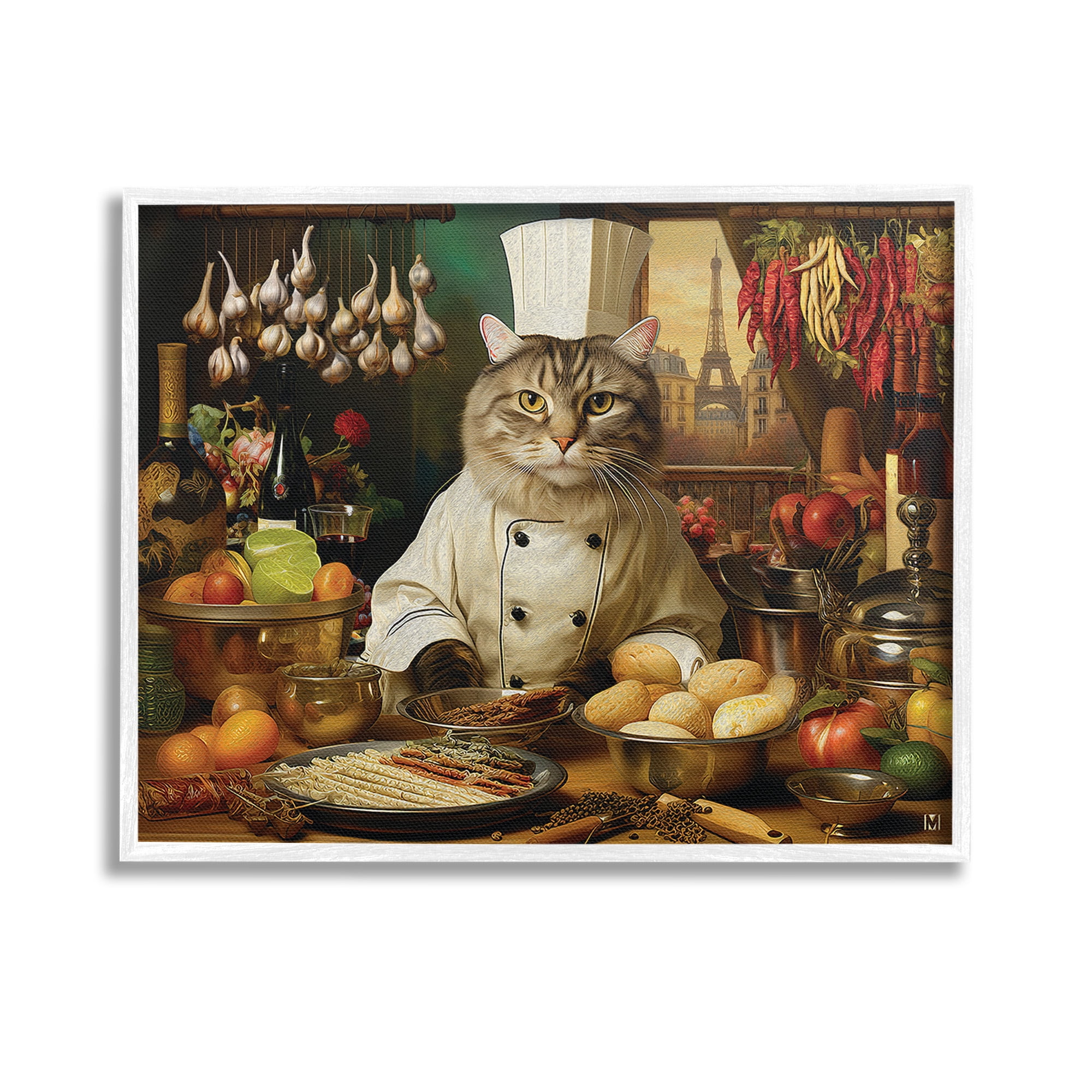Stupell Industries Cat Chef in Kitchen Animals & Insects Painting White Framed Art Print Wall Art, 14 x 11