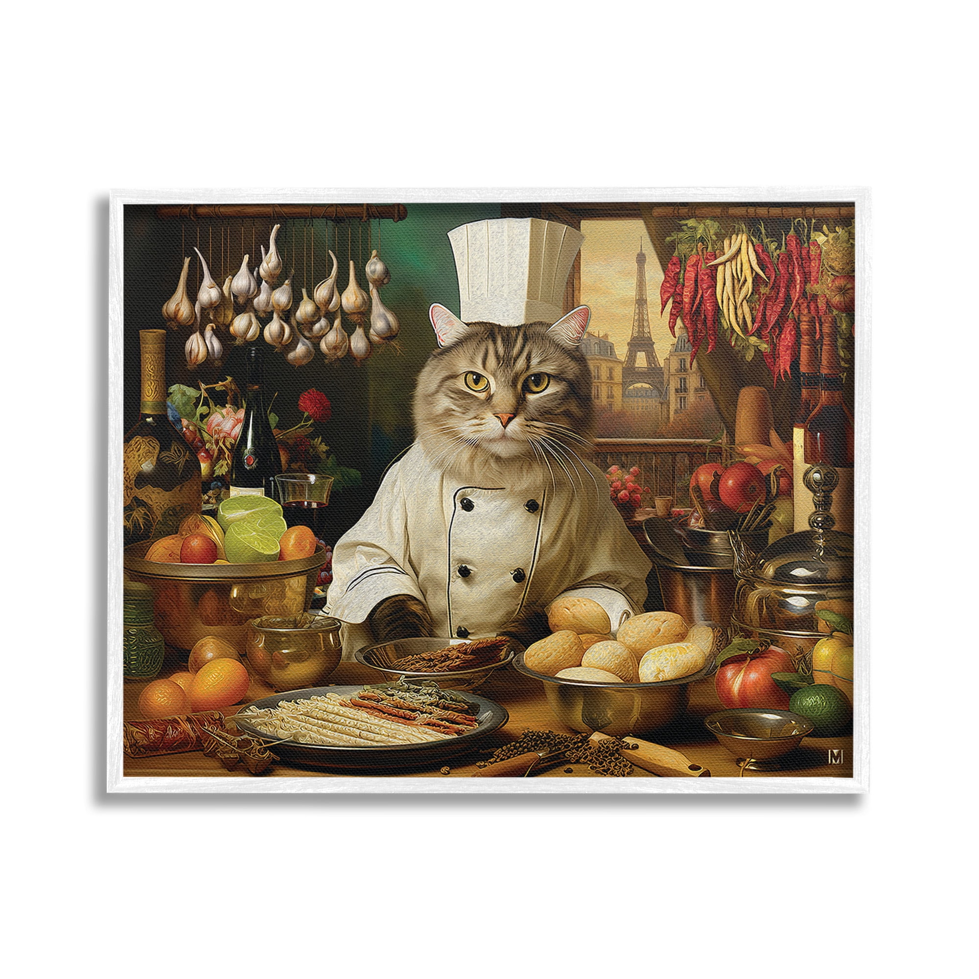 Stupell Industries Cat Chef in Kitchen Animals & Insects Painting White Framed Art Print Wall Art, 20 x 16