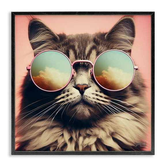 Stupell Industries Cat & Cloud Reflection Glasses Animals & Insects Painting Black Framed Art Print Wall Art, 12 x 12