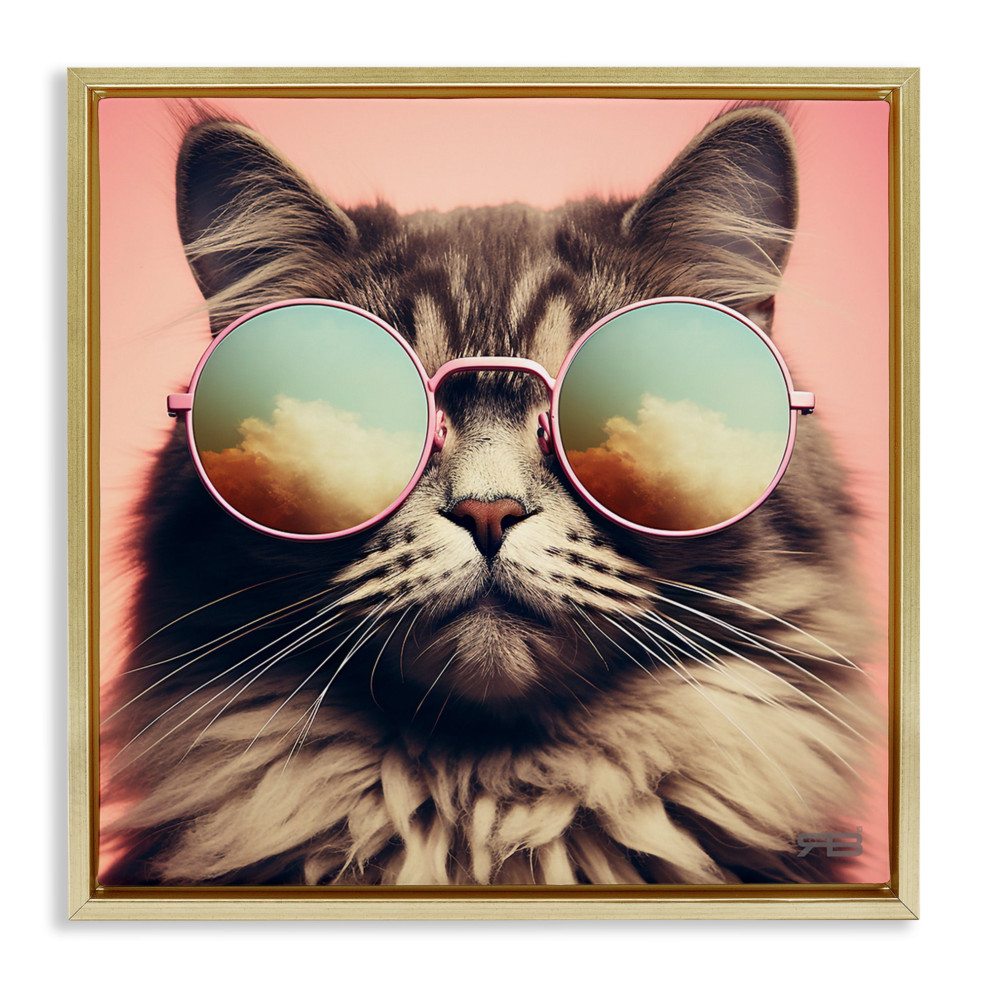 Stupell Industries Cat & Cloud Reflection Glasses Animals & Insects Painting Gold Floater Framed Canvas Art Print Wall Art, 25 x 25