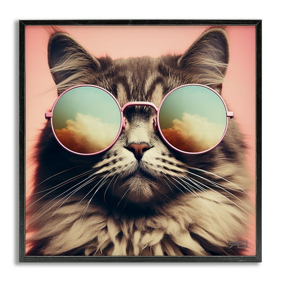 Stupell Industries Cat & Cloud Reflection Glasses Animals & Insects Painting Gray Framed Art Print Wall Art, 17 x 17