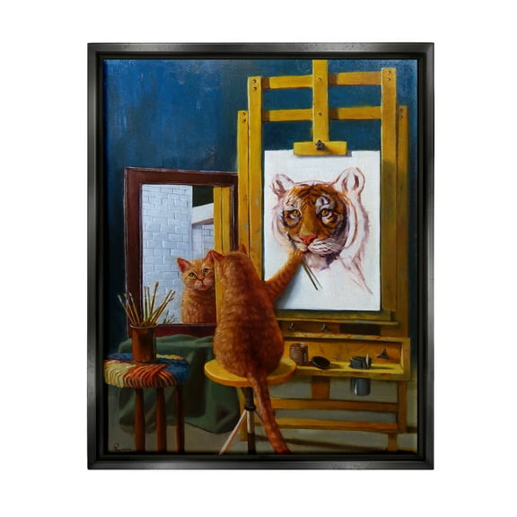 Stupell Industries Cat Confidence Self Portrait as a Tiger Funny Painting Jet Black Framed Floating Canvas Wall Art, 16x20, by Lucia Heffernan