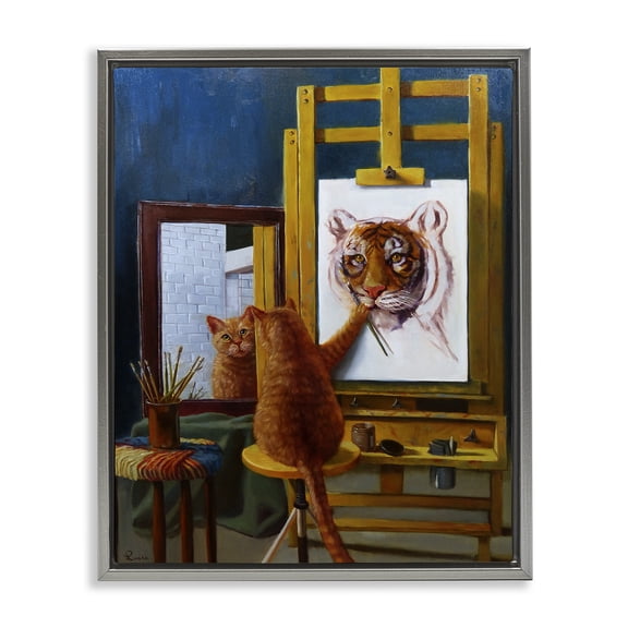 Stupell Industries Cat Confidence Self Portrait as a Tiger Funny Painting Luster Gray Framed Floating Canvas Wall Art, 16x20, by Lucia Heffernan