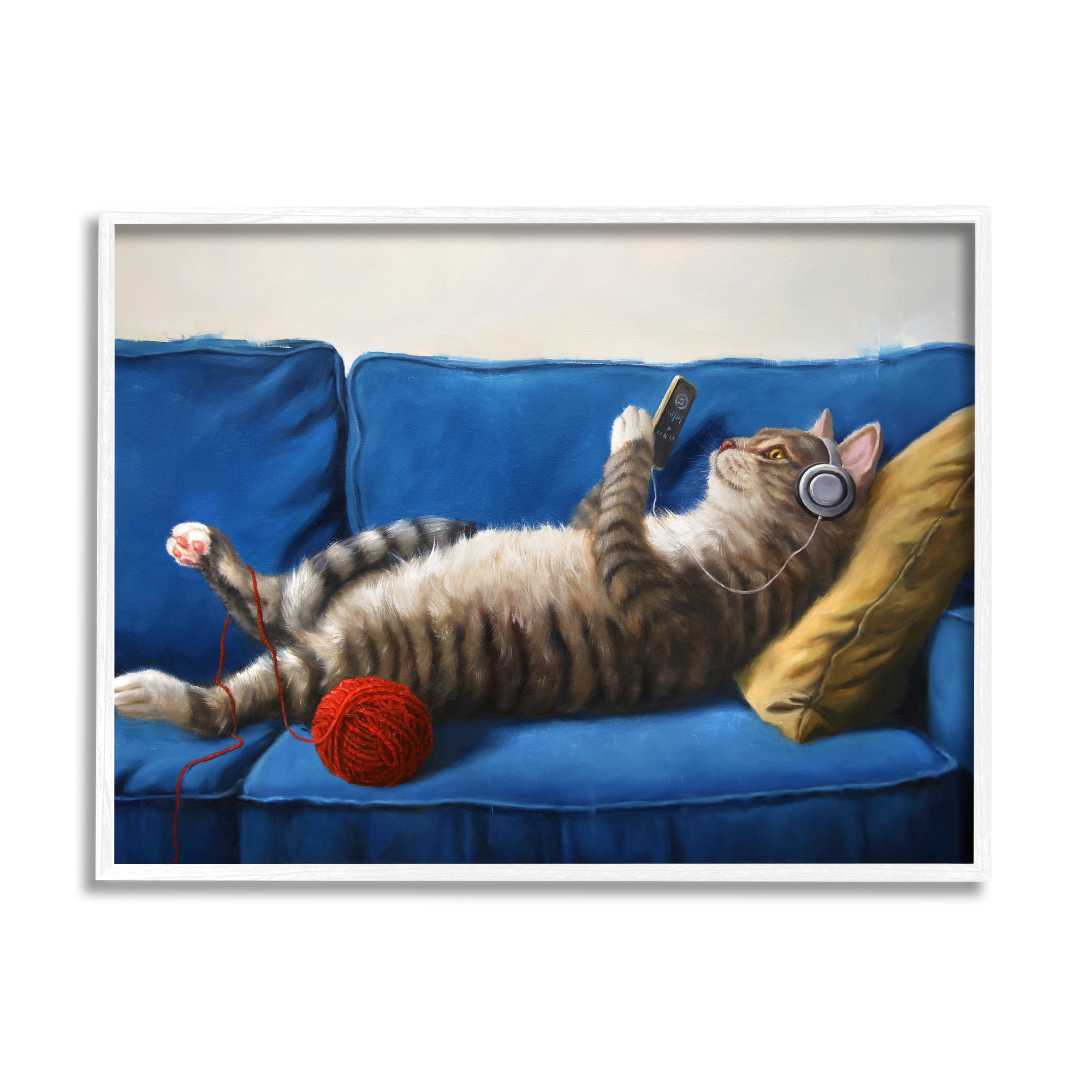 Stupell Industries Cat Couch Relaxing Red Yarn Ball Pet Portrait, 14 x 11,Design by Lucia Hefferenan