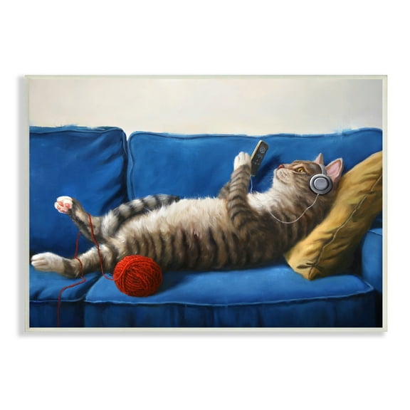 Stupell Industries Cat Couch Relaxing Red Yarn Ball Pet Portrait, 15 x 10,Design by Lucia Hefferenan