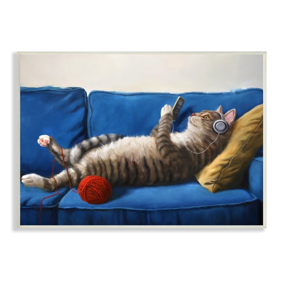 Stupell Industries Cat Couch Relaxing Red Yarn Ball Pet Portrait, 19 x 13,Design by Lucia Hefferenan