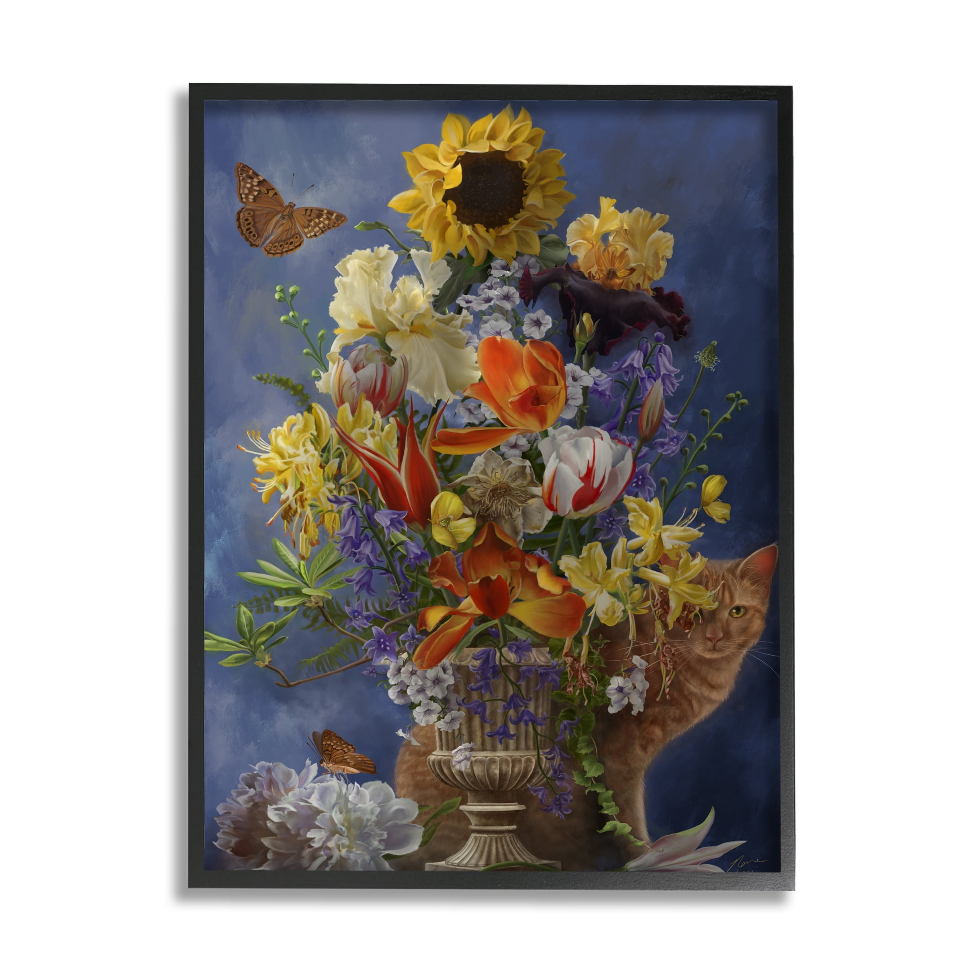 Stupell Industries Cat & Country Vase Botanical & Floral Painting Black Framed Art Print Wall Art, 11 x 14