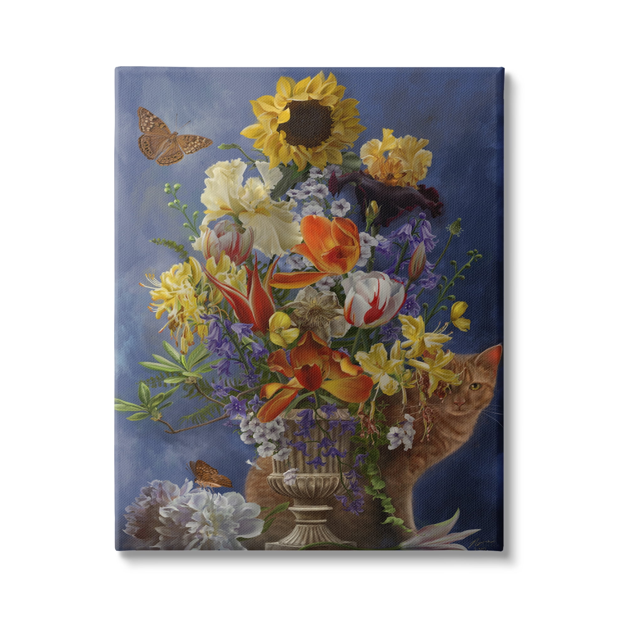 Stupell Industries Cat & Country Vase Botanical & Floral Painting Gallery Wrapped Canvas Art Print Wall Art, 16 x 20