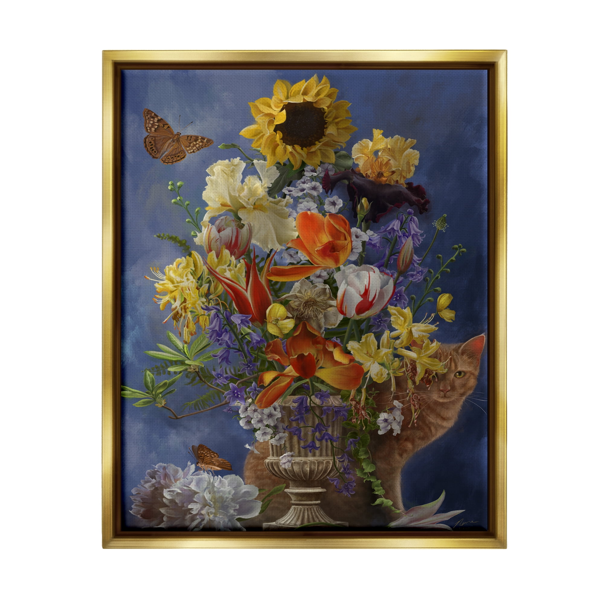 Stupell Industries Cat & Country Vase Botanical & Floral Painting Gold Floater Framed Canvas Art Print Wall Art, 17 x 21