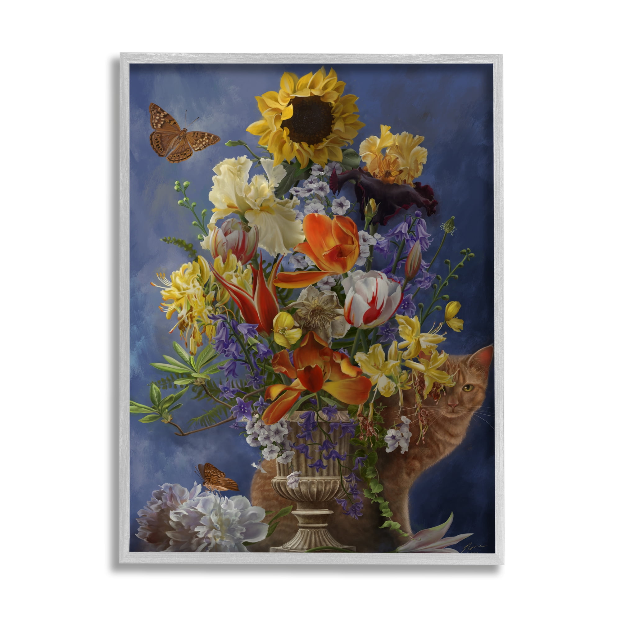 Stupell Industries Cat & Country Vase Botanical & Floral Painting Gray Framed Art Print Wall Art, 11 x 14