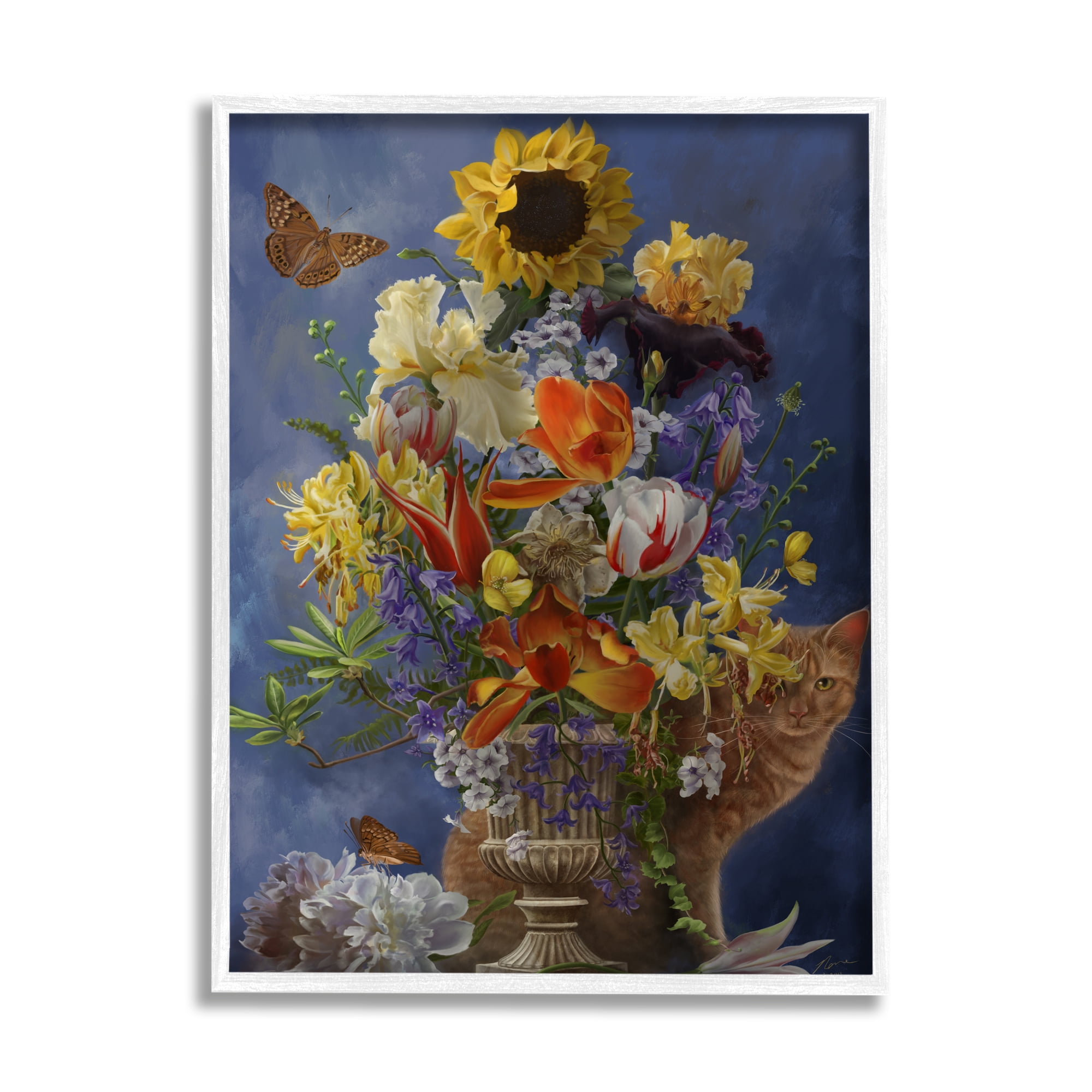 Stupell Industries Cat & Country Vase Botanical & Floral Painting White Framed Art Print Wall Art, 11 x 14