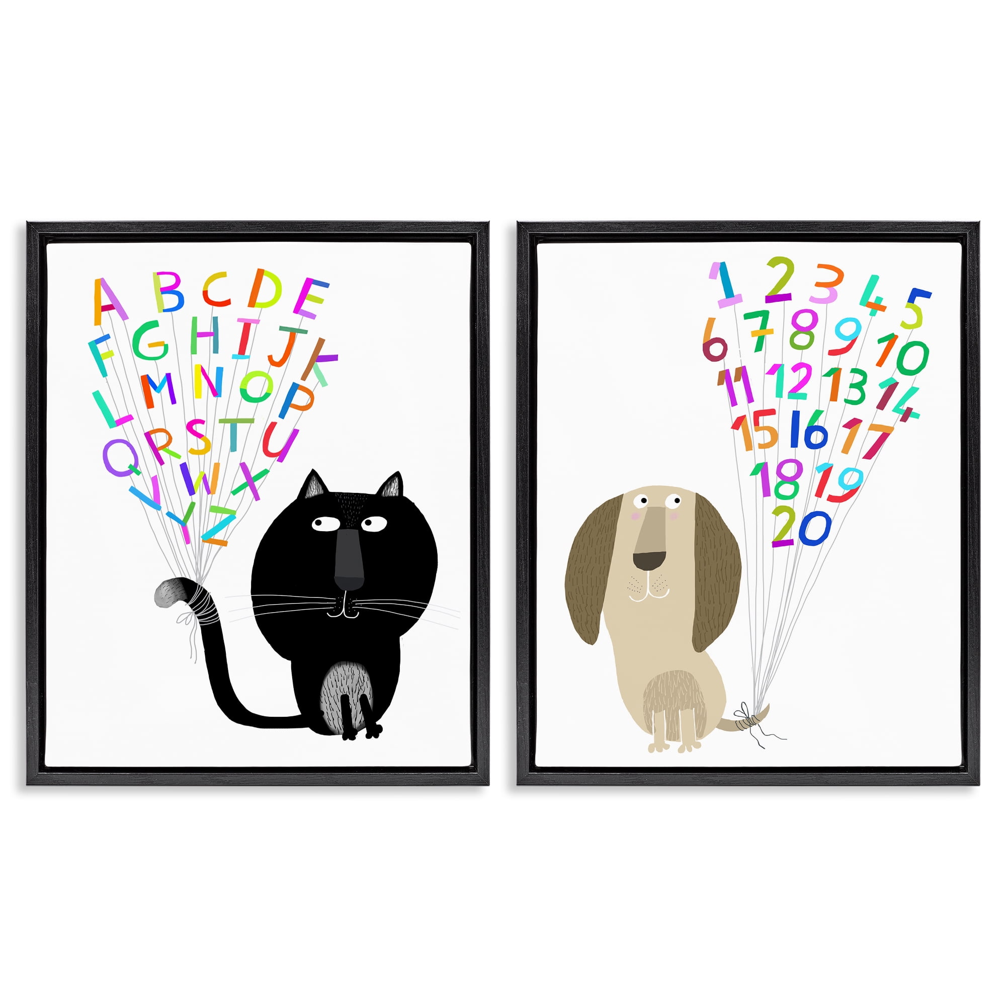 Stupell Industries Cat Dog Alphabet Numbers Education Painting Black Floater Framed Canvas Art Print Wall Art, 31 x 25, Set of 2