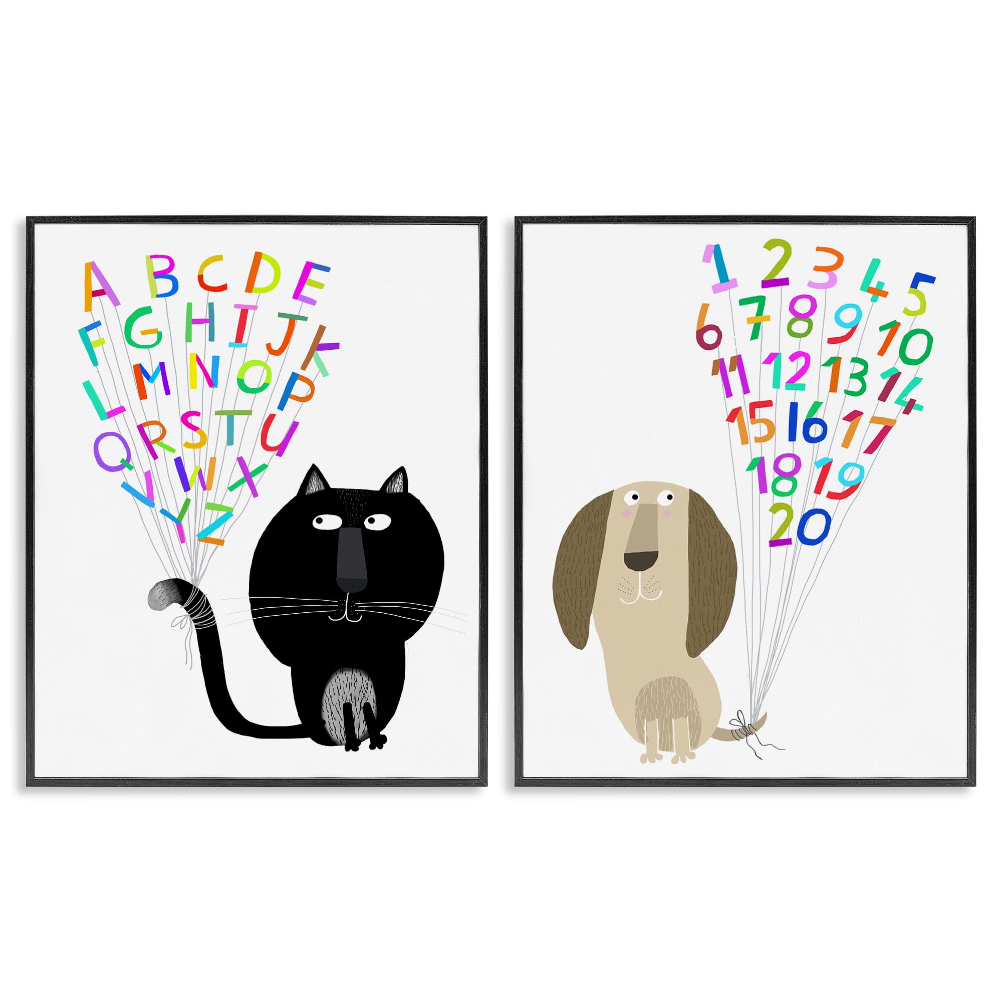 Stupell Industries Cat Dog Alphabet Numbers Education Painting Black Framed Art Print Wall Art, 16 x 20, Set of 2