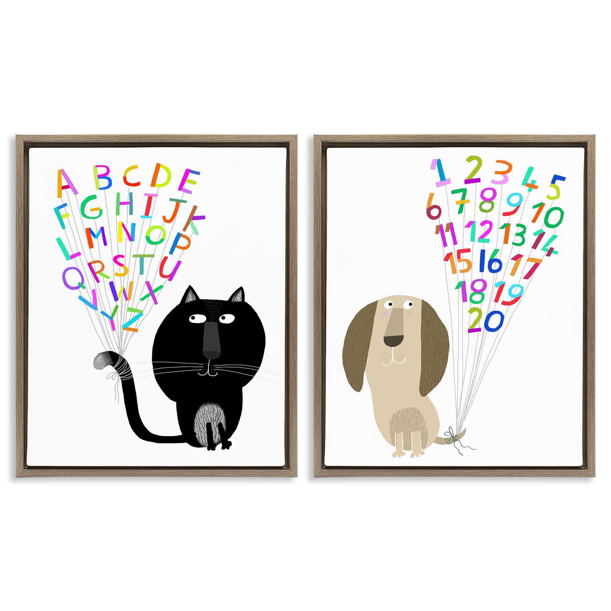 Stupell Industries Cat Dog Alphabet Numbers Education Painting Brown Floater Framed Canvas Art Print Wall Art, 31 x 25, Set of 2