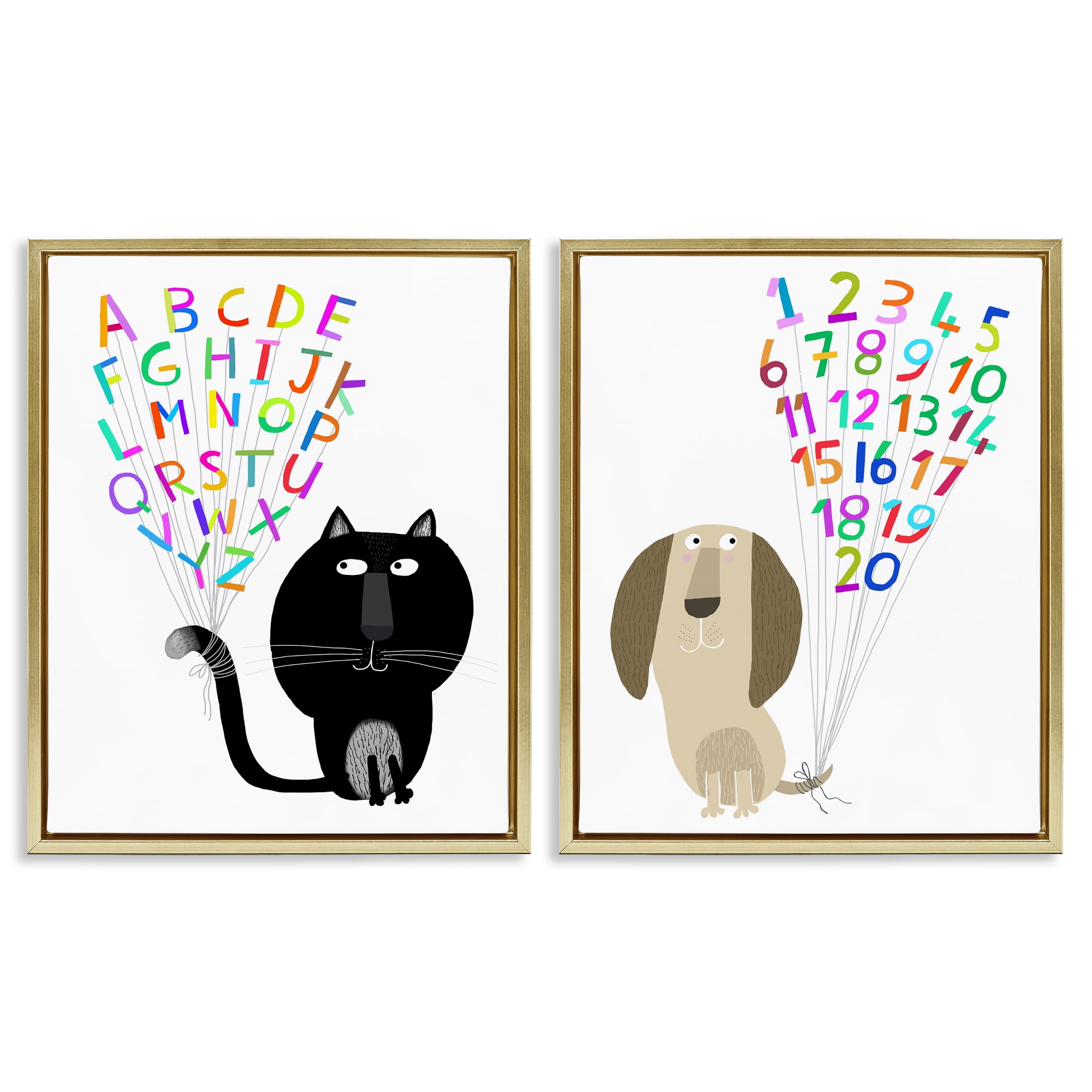 Stupell Industries Cat Dog Alphabet Numbers Education Painting Gold Floater Framed Canvas Art Print Wall Art, 31 x 25, Set of 2
