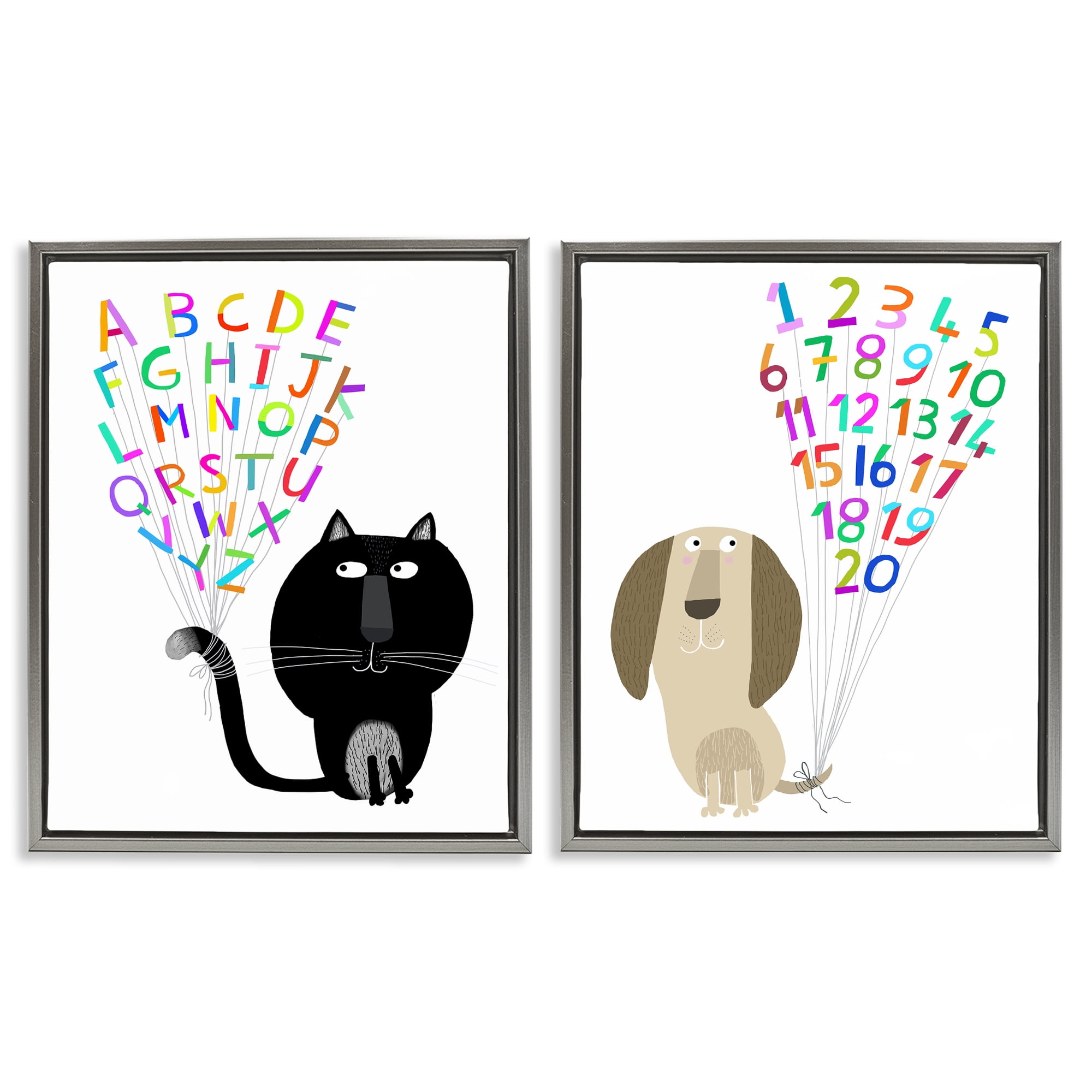 Stupell Industries Cat Dog Alphabet Numbers Education Painting Gray Floater Framed Canvas Art Print Wall Art, 31 x 25, Set of 2