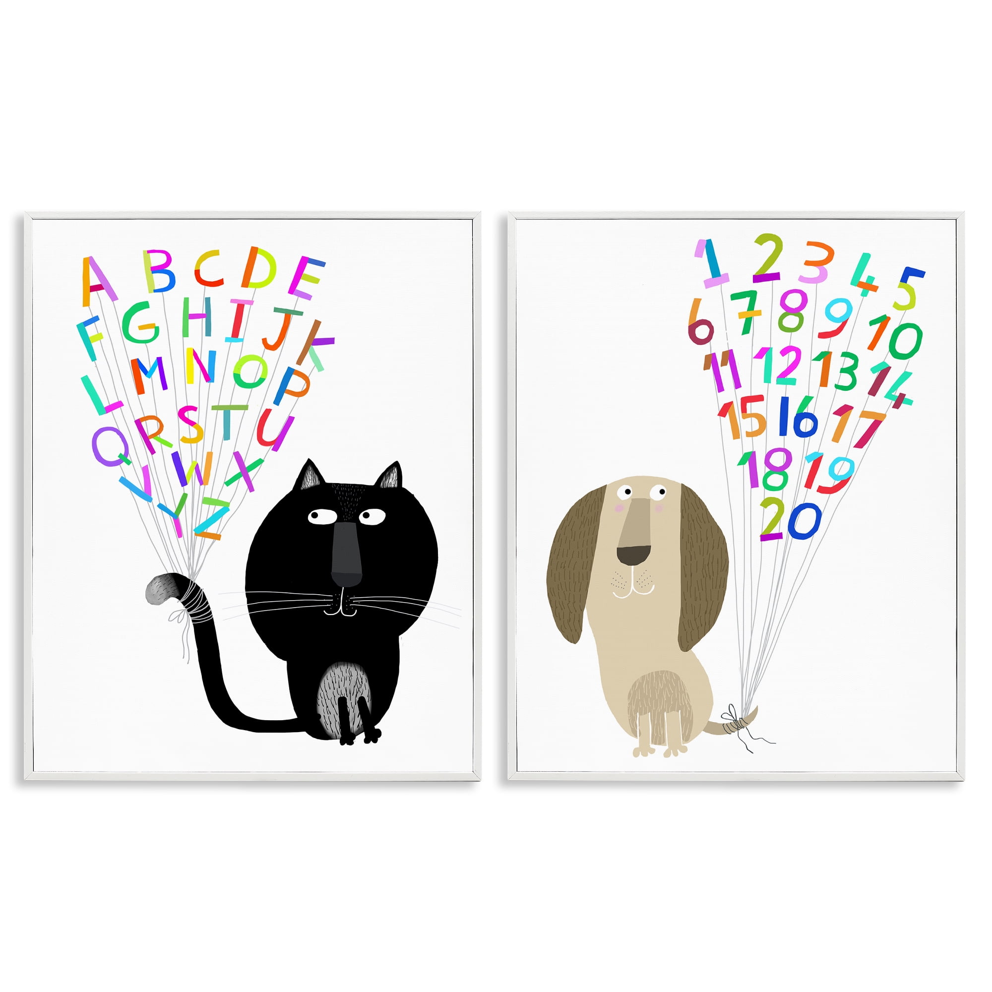 Stupell Industries Cat Dog Alphabet Numbers Education Painting White Framed Art Print Wall Art, 11 x 14, Set of 2
