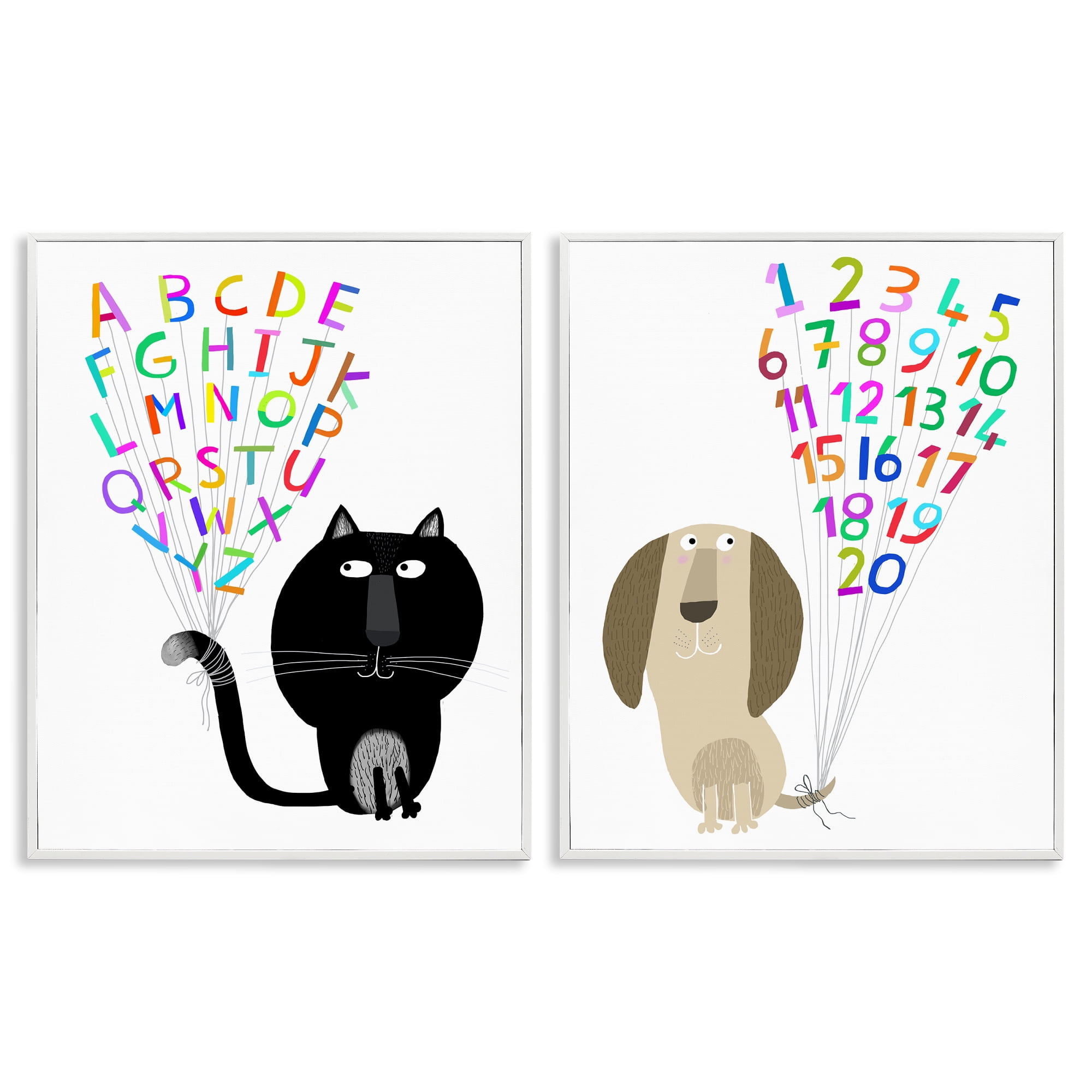 Stupell Industries Cat Dog Alphabet Numbers Education Painting White Framed Art Print Wall Art, 16 x 20, Set of 2