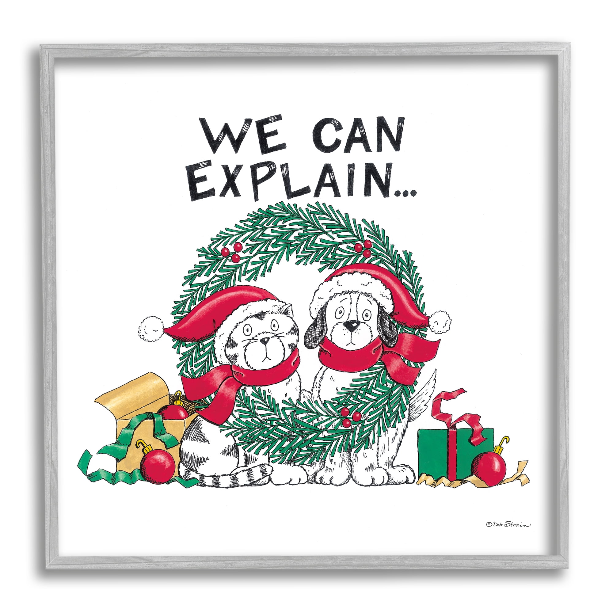 Stupell Industries Cat & Dog Christmas Humor Holiday Painting Gray Framed Art Print Wall Art, 24 x 24