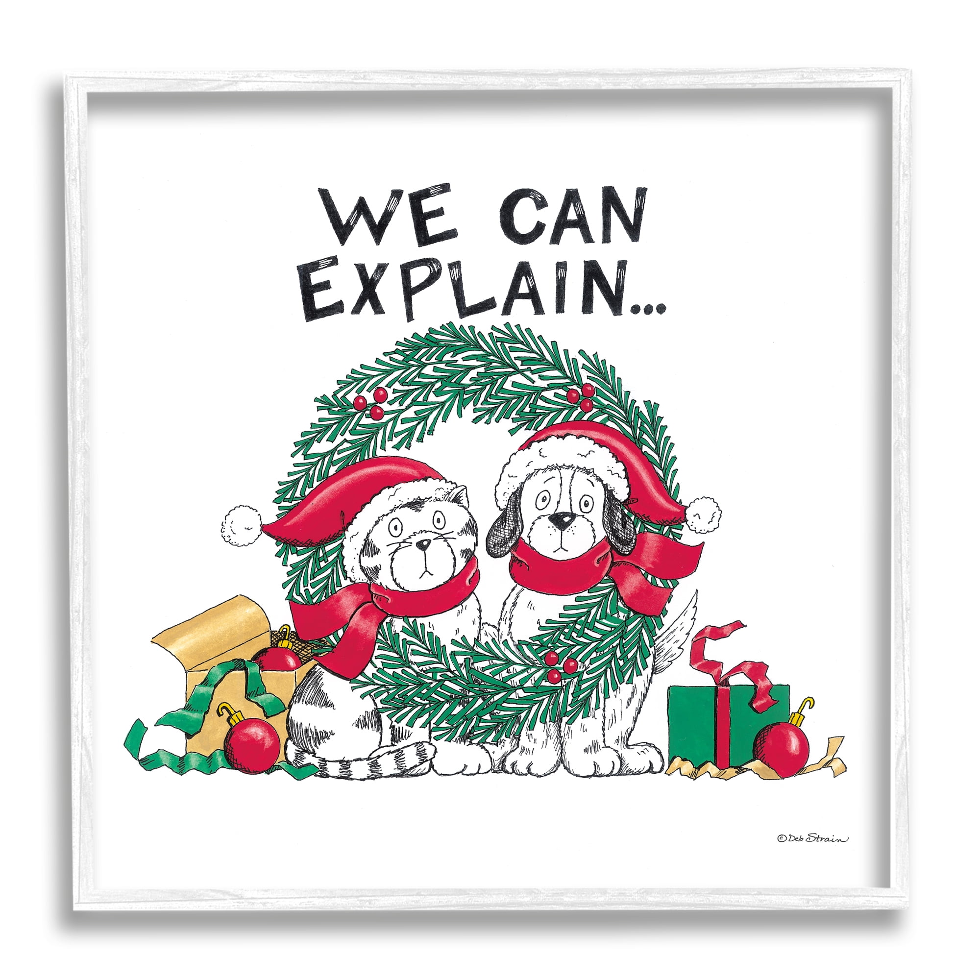Stupell Industries Cat & Dog Christmas Humor Holiday Painting White Framed Art Print Wall Art, 24 x 24