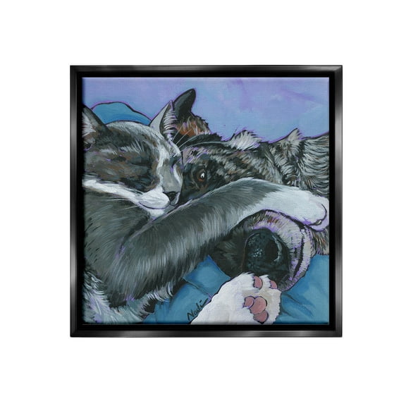 Stupell Industries Cat & Dog Sleeping Animals & Insects Painting Black Floater Framed Canvas Art Print Wall Art, 18 x 18