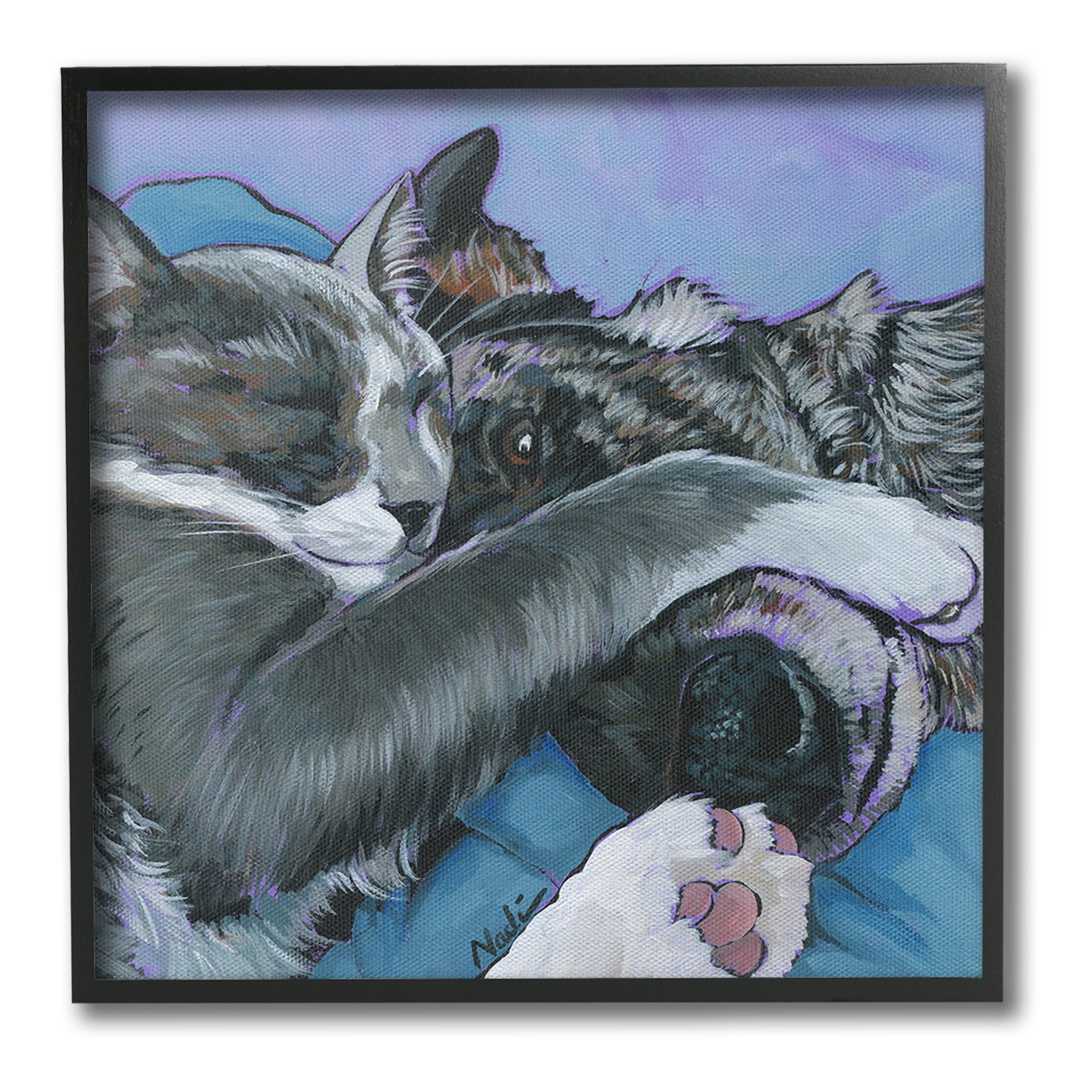 Stupell Industries Cat & Dog Sleeping Animals & Insects Painting Black Framed Art Print Wall Art, 17 x 17