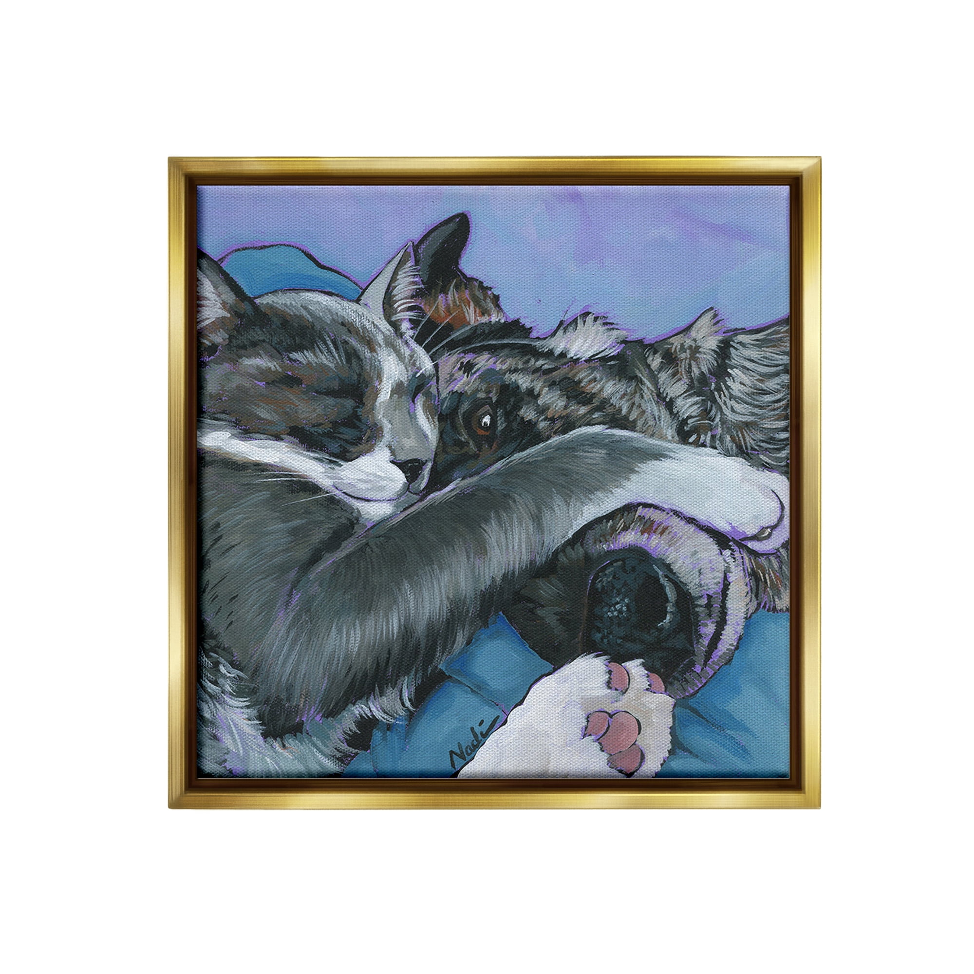 Stupell Industries Cat & Dog Sleeping Animals & Insects Painting Gold Floater Framed Canvas Art Print Wall Art, 18 x 18