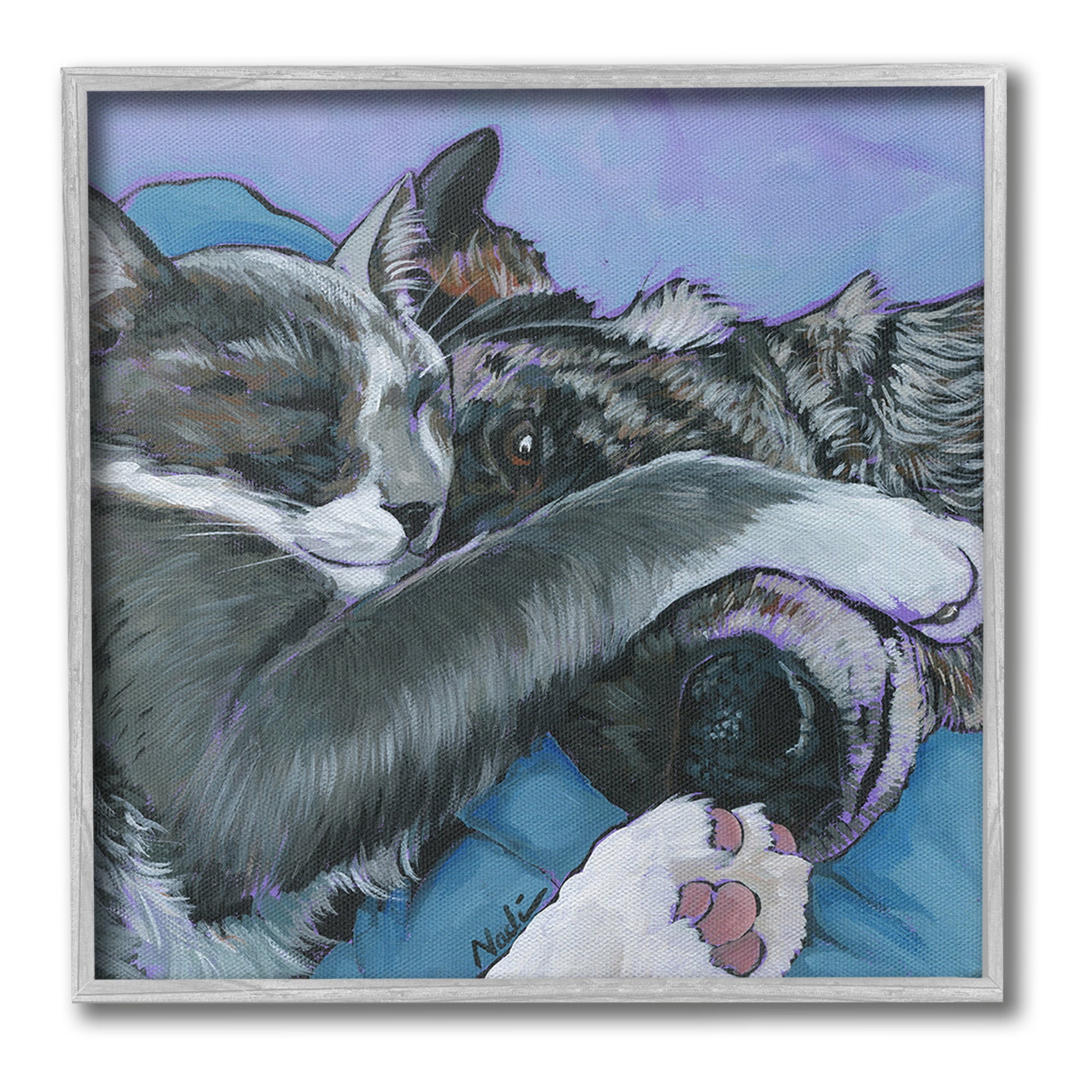 Stupell Industries Cat & Dog Sleeping Animals & Insects Painting Gray Framed Art Print Wall Art, 17 x 17