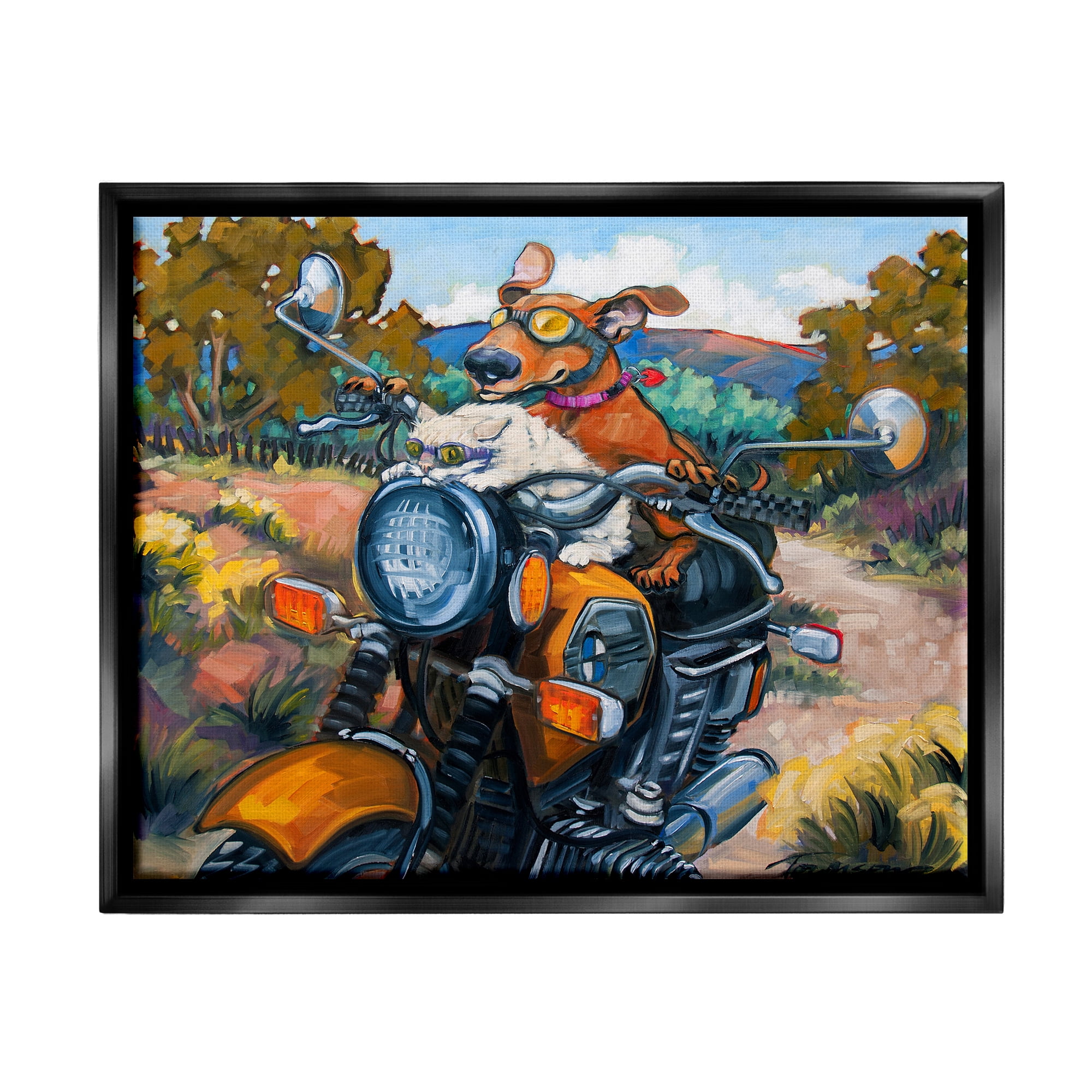 Stupell Industries Cat & Dog on Motorcycle Animals & Insects Painting Black Floater Framed Art Print Wall Art, 21 x 17