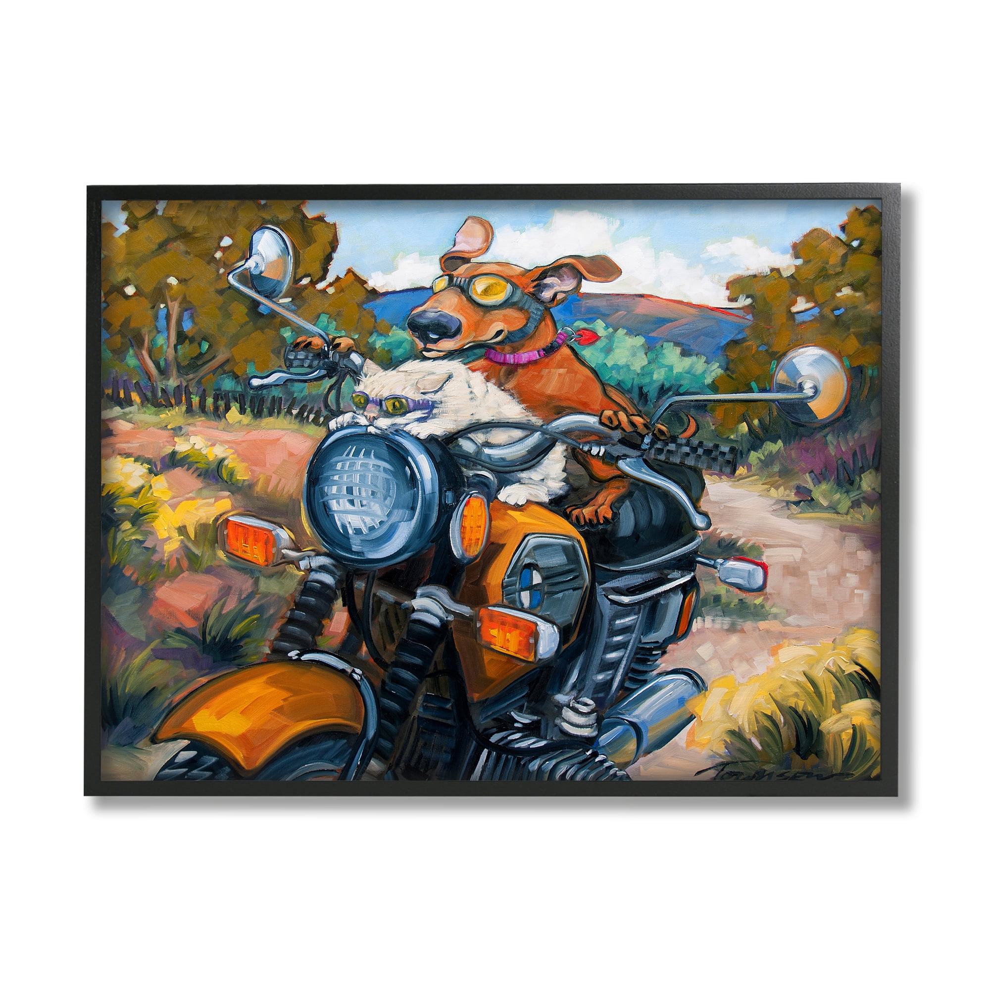 Stupell Industries Cat & Dog on Motorcycle Animals & Insects Painting Black Framed Art Print Wall Art, 20 x 16