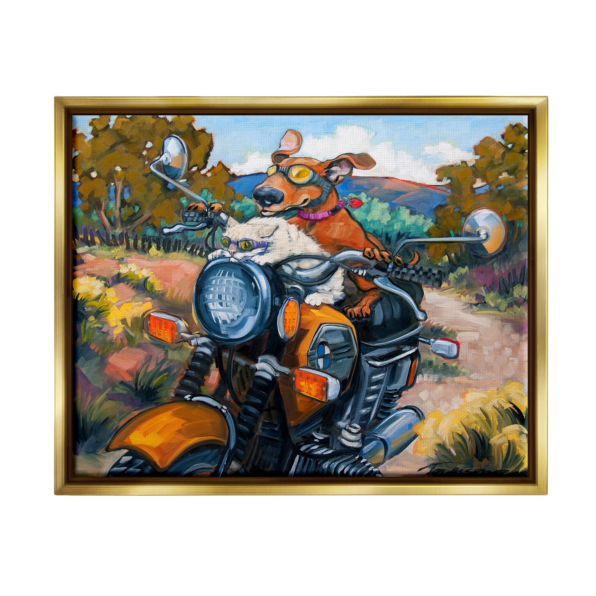 Stupell Industries Cat & Dog on Motorcycle Animals & Insects Painting Gold Floater Framed Art Print Wall Art, 31 x 25
