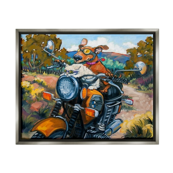 Stupell Industries Cat & Dog on Motorcycle Animals & Insects Painting Gray Floater Framed Art Print Wall Art, 21 x 17