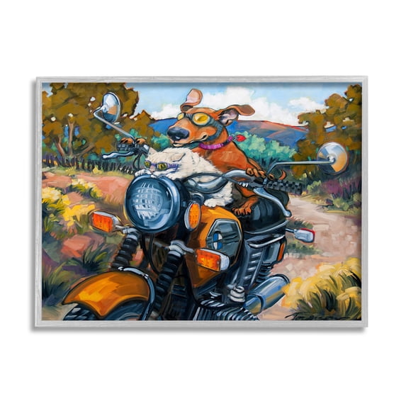 Stupell Industries Cat & Dog on Motorcycle Animals & Insects Painting Gray Framed Art Print Wall Art, 14 x 11