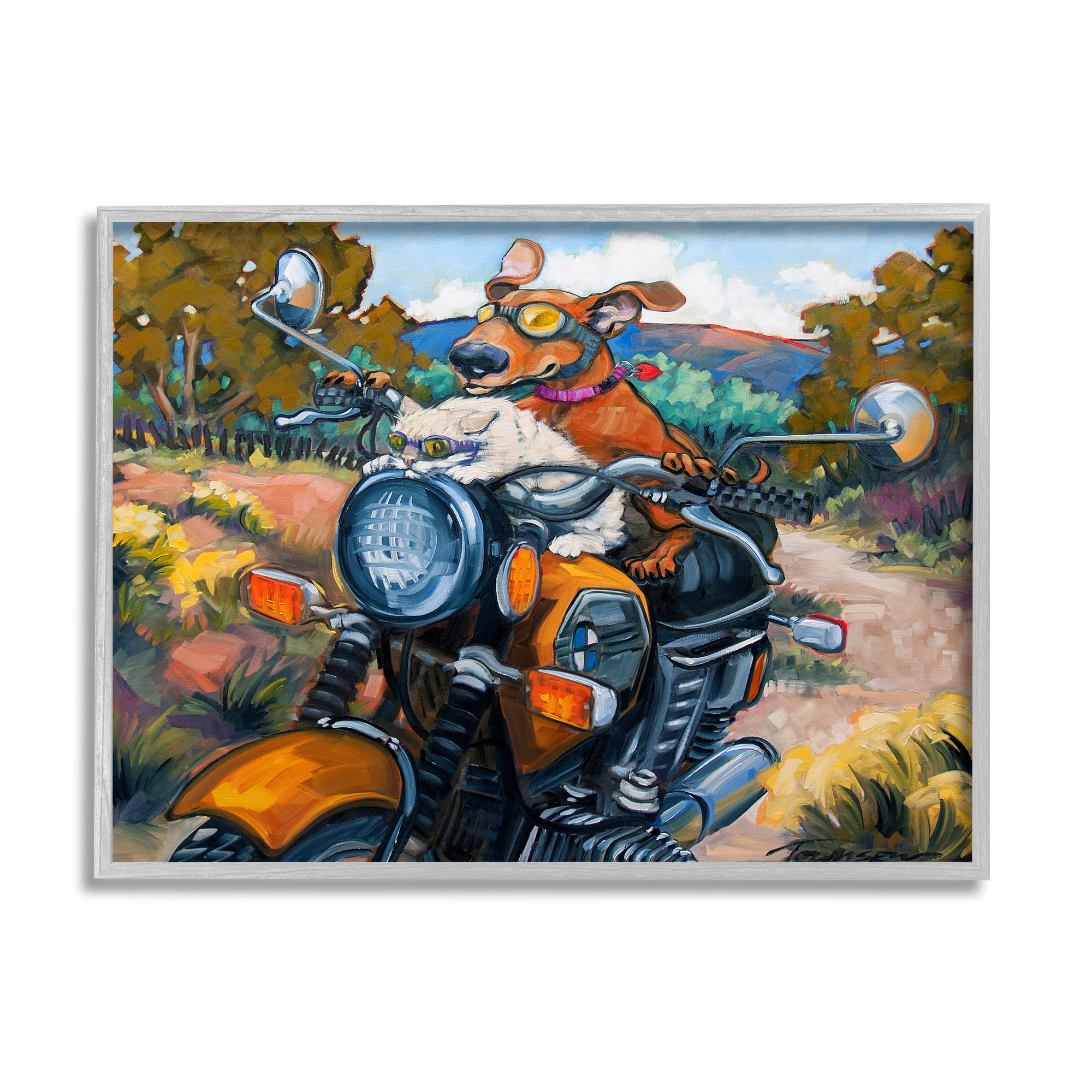 Stupell Industries Cat & Dog on Motorcycle Animals & Insects Painting Gray Framed Art Print Wall Art, 30 x 24