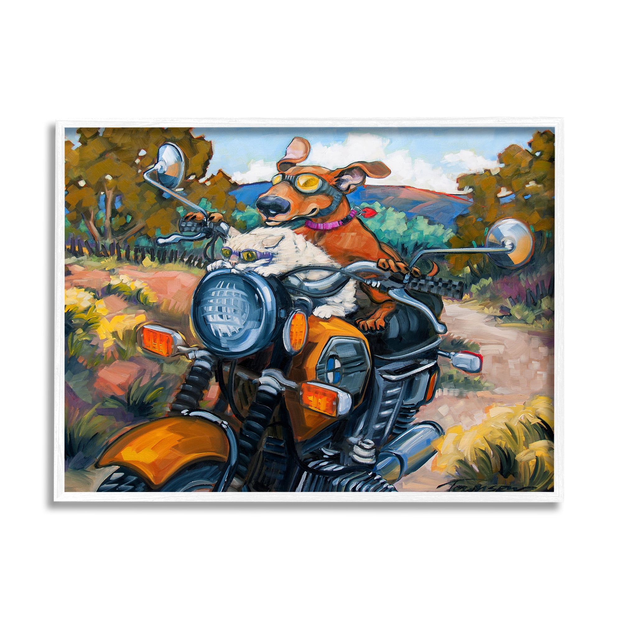 Stupell Industries Cat & Dog on Motorcycle Animals & Insects Painting White Framed Art Print Wall Art, 14 x 11