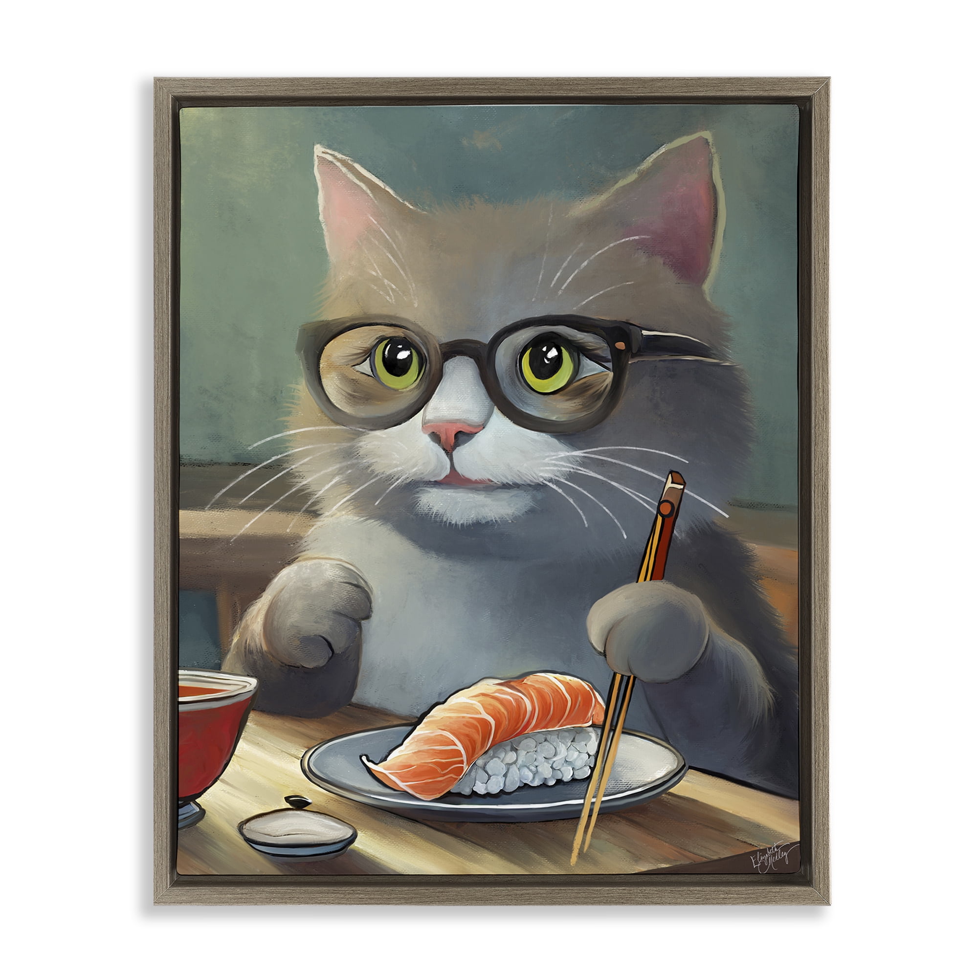 Stupell Industries Cat Eating Sushi Food & Beverage Painting Brown Floater Framed Canvas Art Print Wall Art, 17 x 21